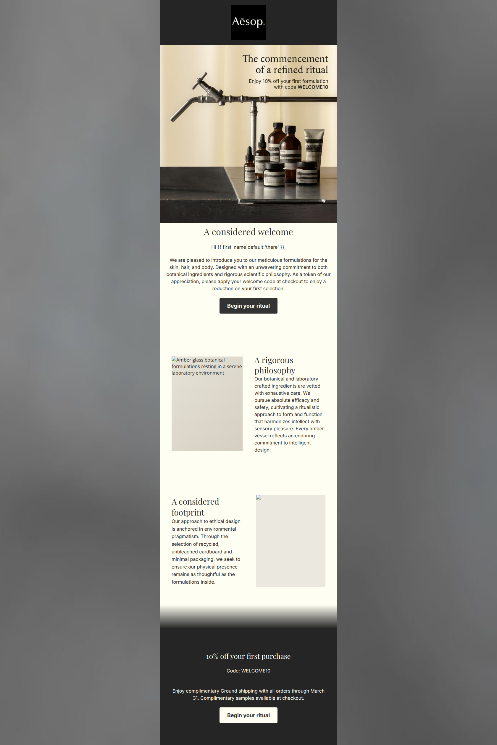 Email design: A gesture of welcome from Aesop