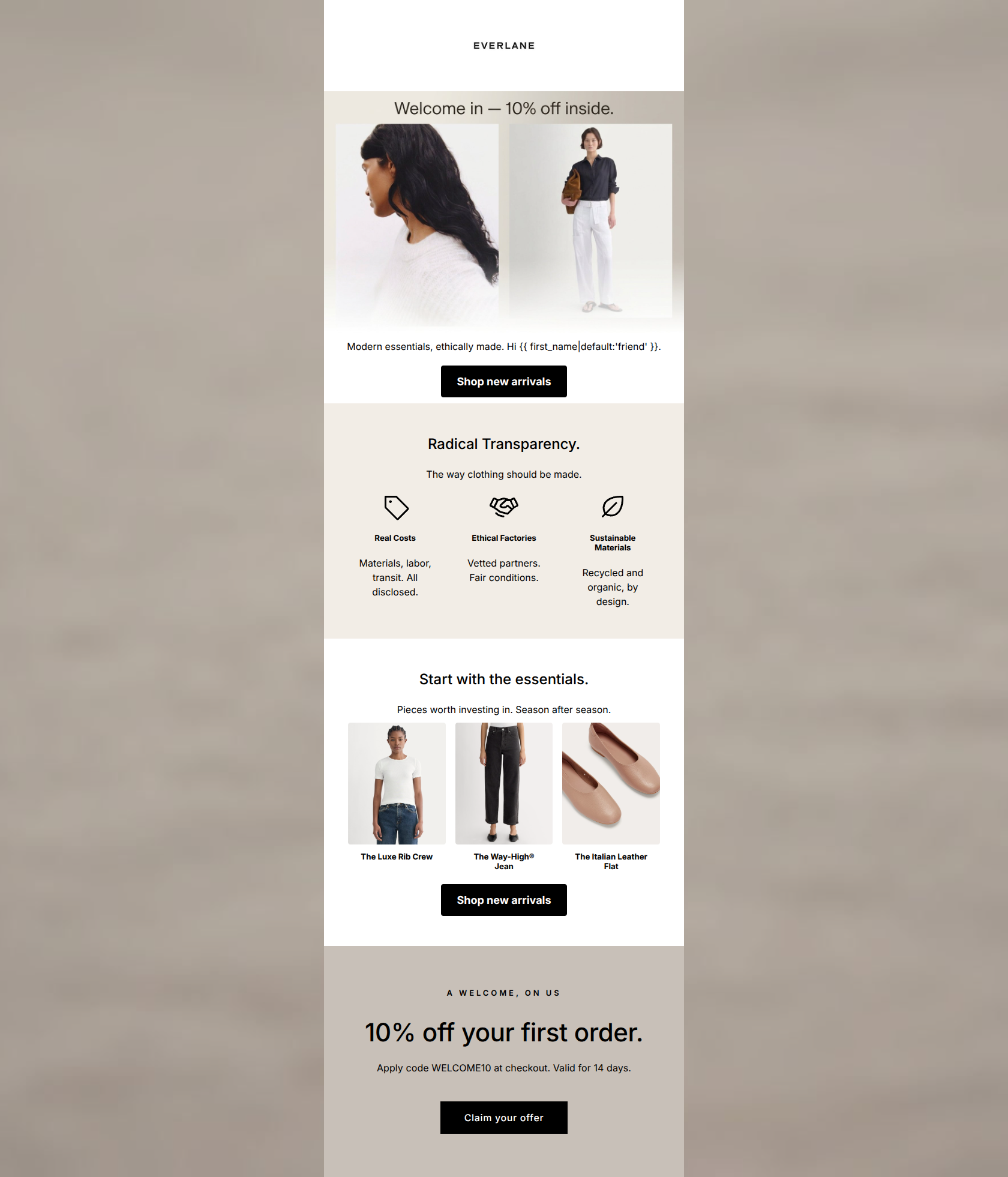 Email design: Welcome to Everlane.