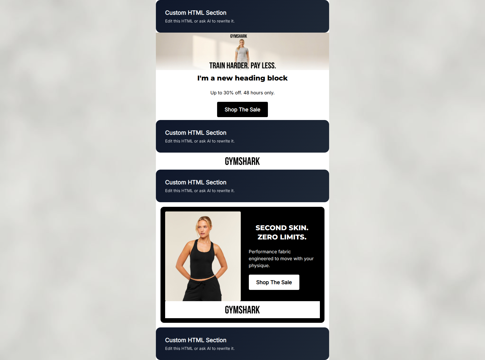 Email design: 48 Hours. Performance Wear. On Sale.