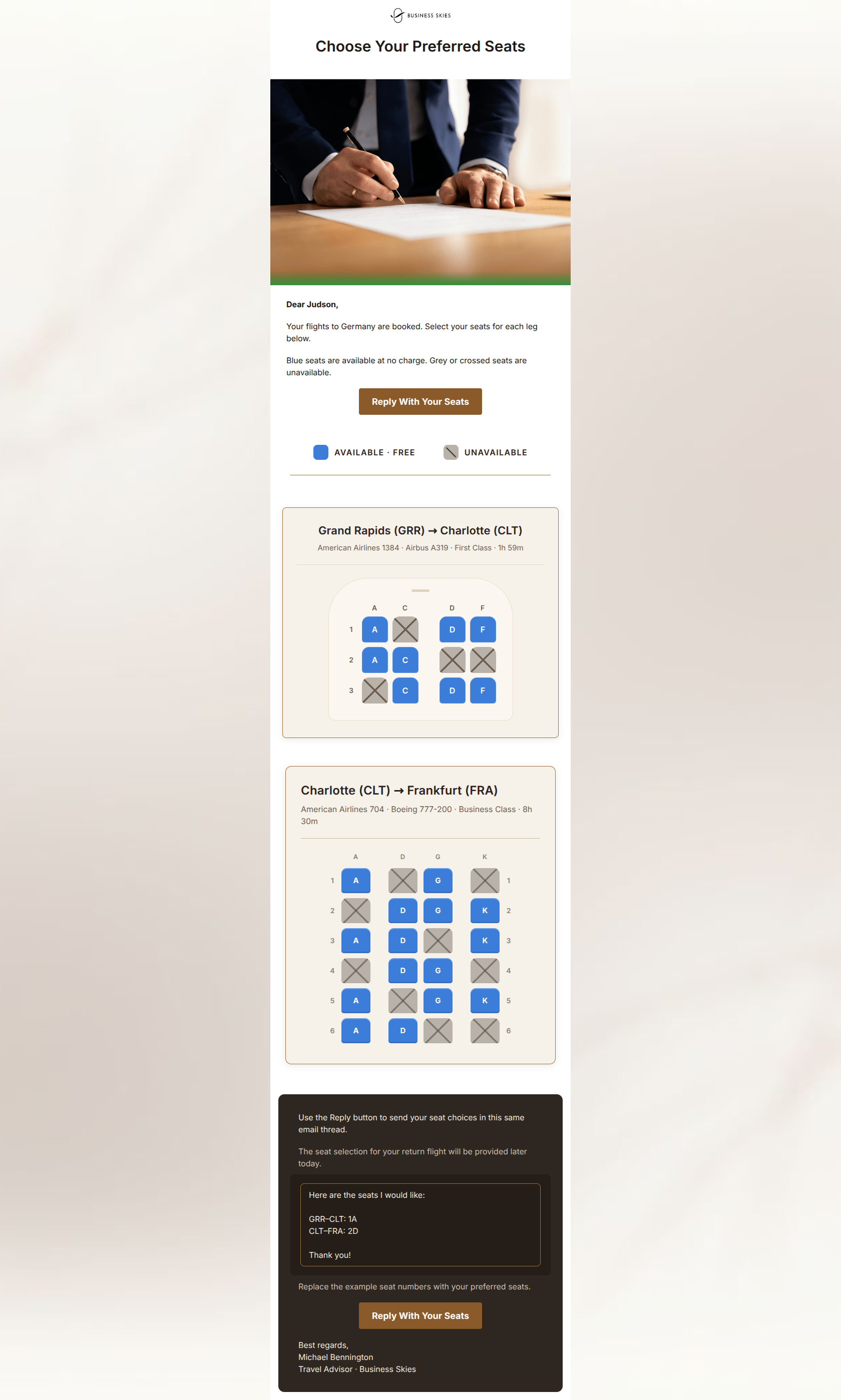 Email design: Judson, choose your preferred seats to Germany
