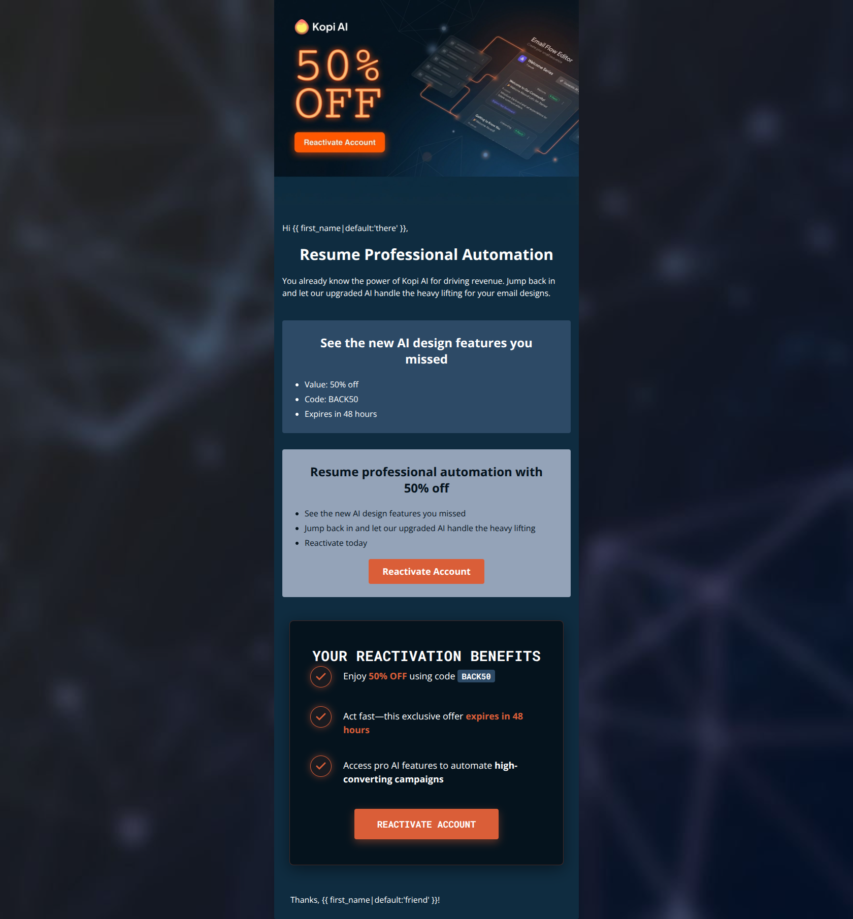 Email design: Resume professional automation with 50% off