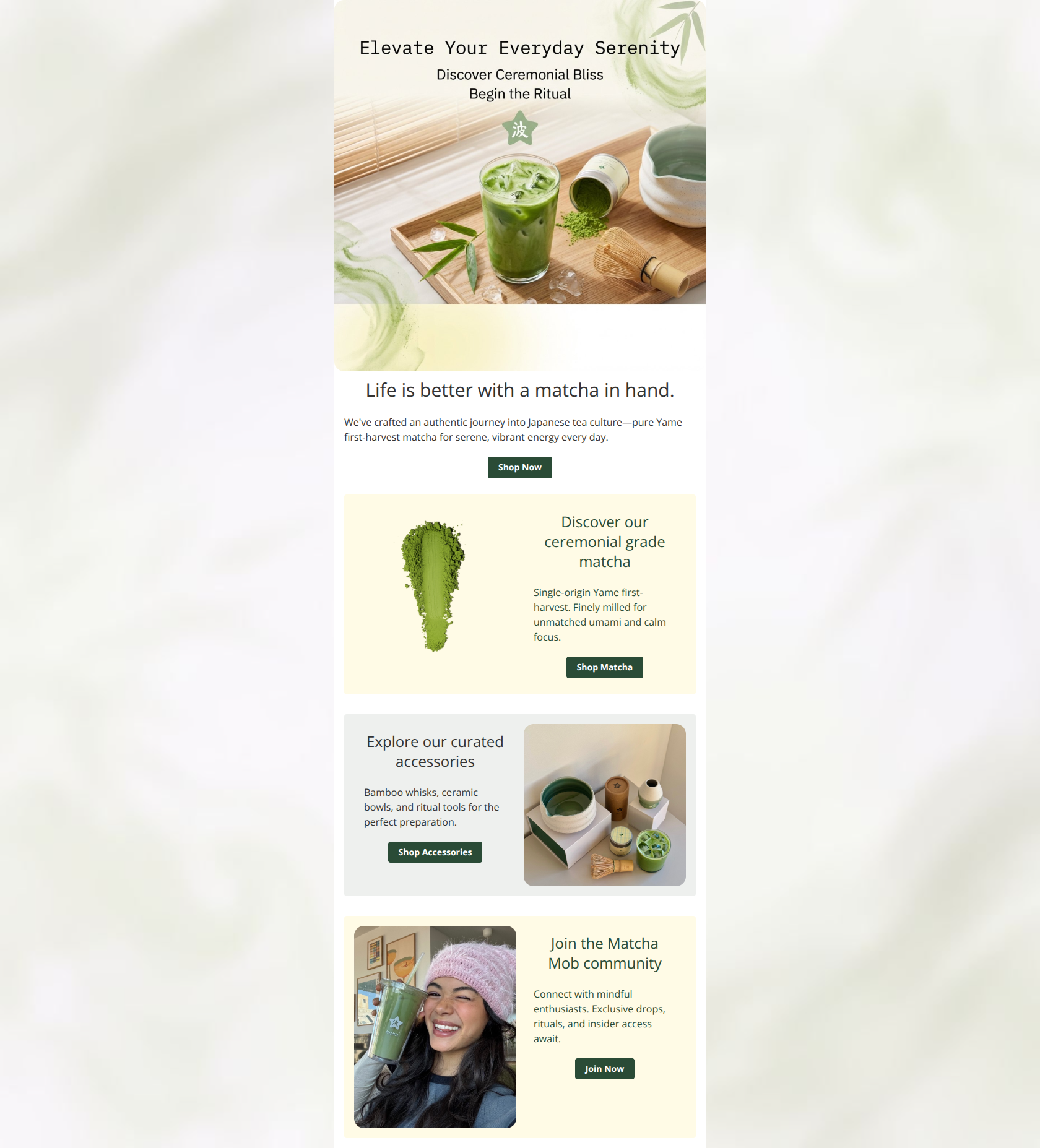 Email design: Unlock 40% Off Your First Nami Matcha Order