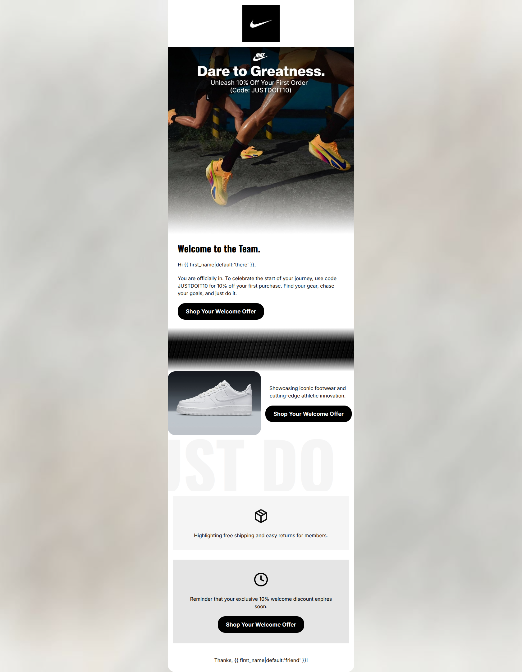 Email design: Welcome to Nike. Enjoy 10% off your first order.