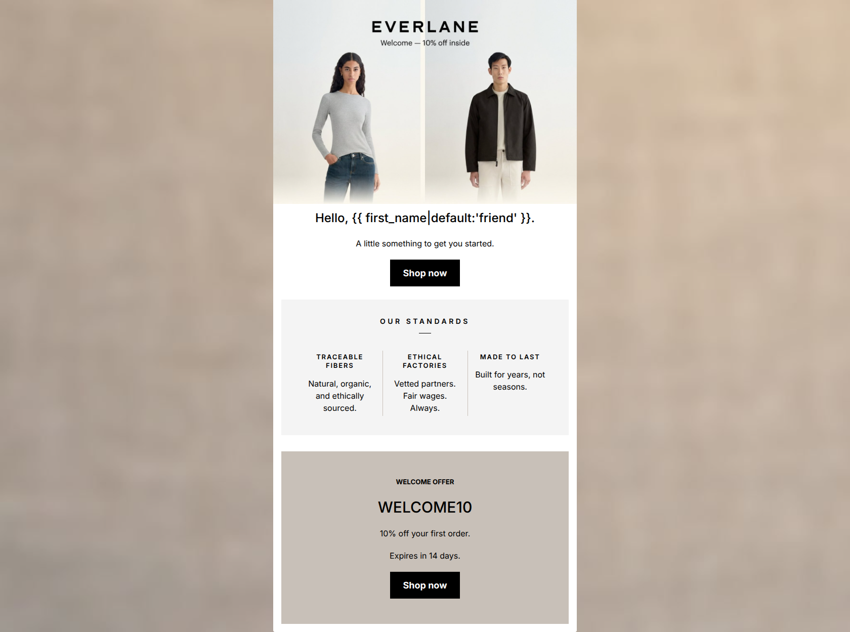 Email design: Welcome. Here's 10% off.