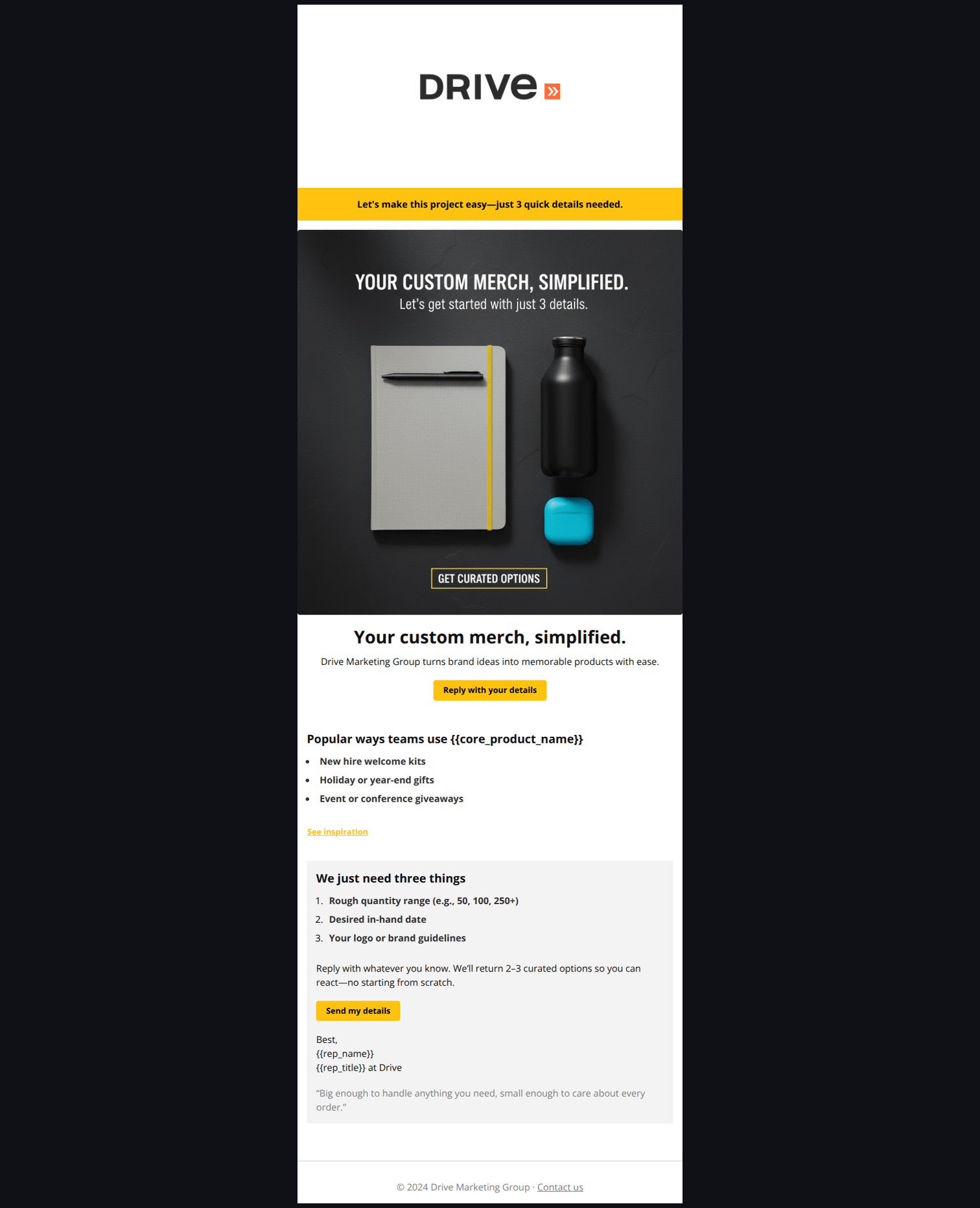 Email design: Quick question about your custom merch plans