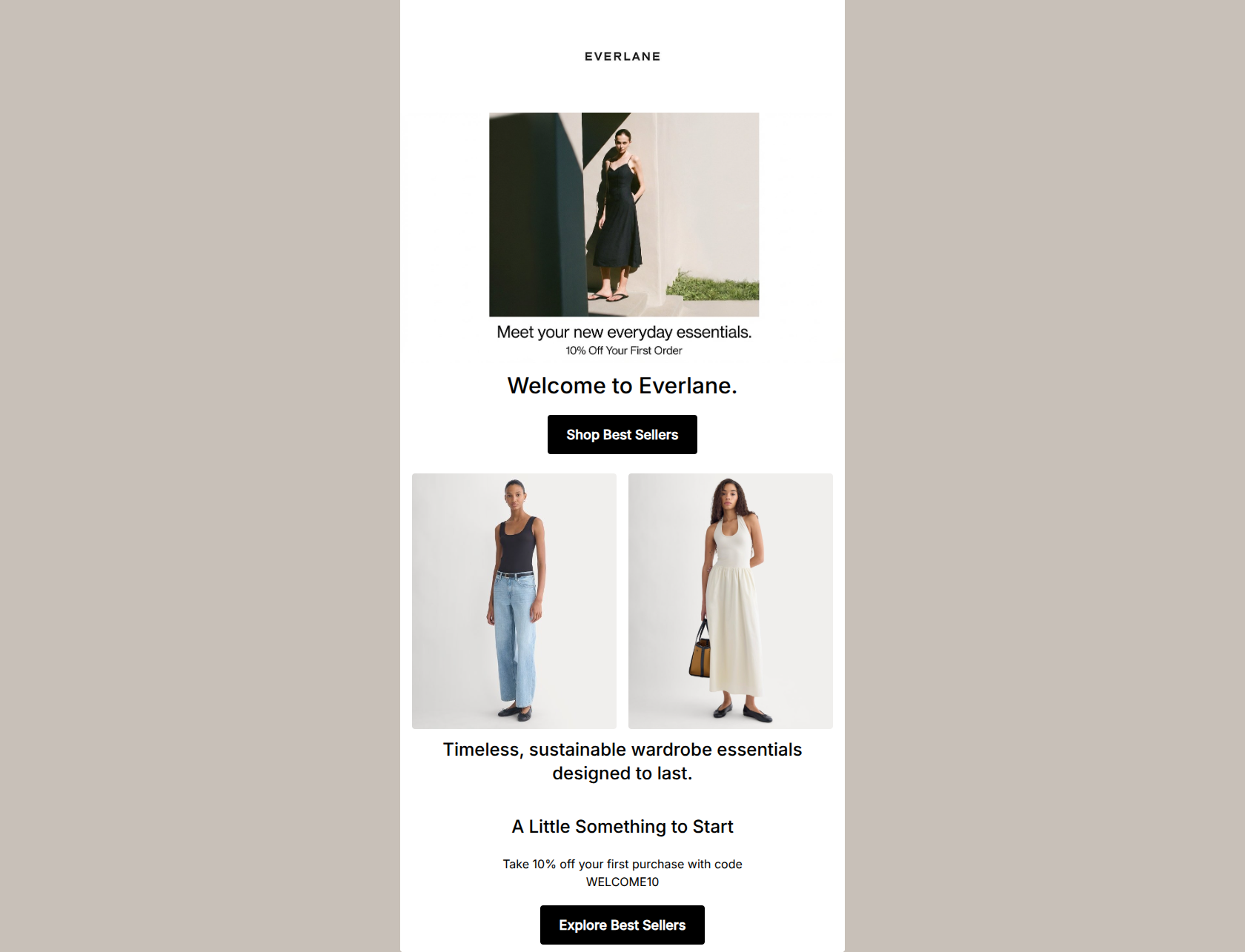 Email design: Welcome to Everlane. Enjoy 10% off.