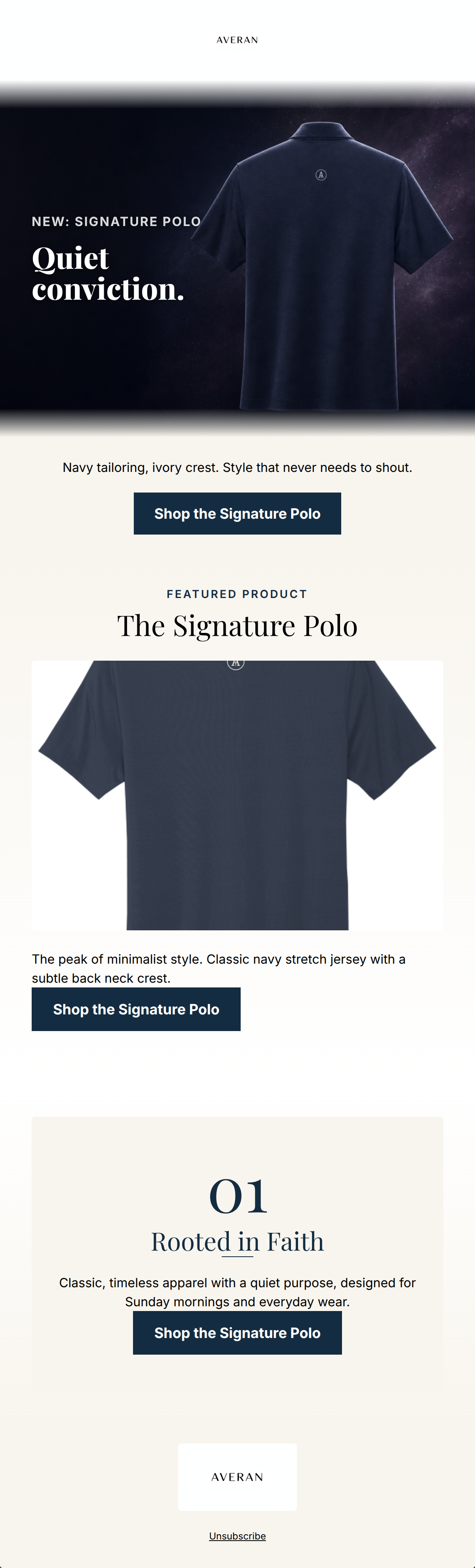 Minimalist editorial layout showcasing the navy Signature Polo with an ivory crest and bold type.