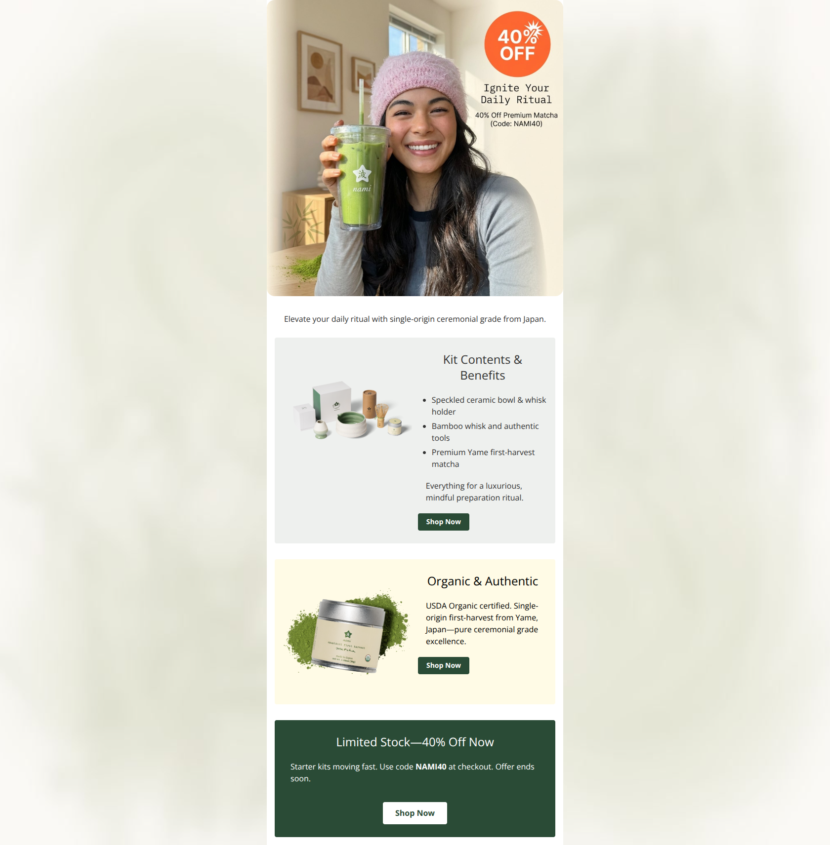 Email design: 40% Off Authentic Matcha Ritual