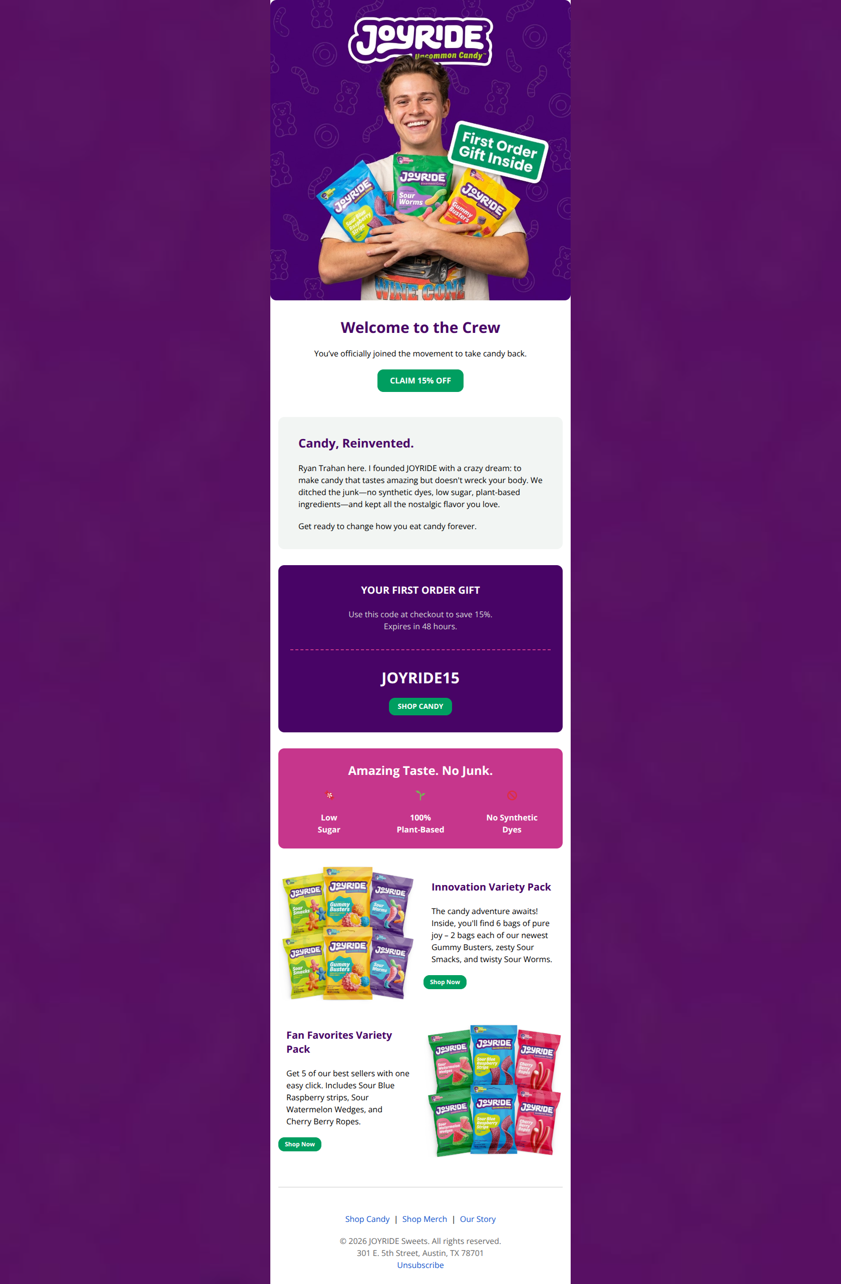 Email design: Welcome to JOYRIDE 🍭 (+ 15% Off Inside)