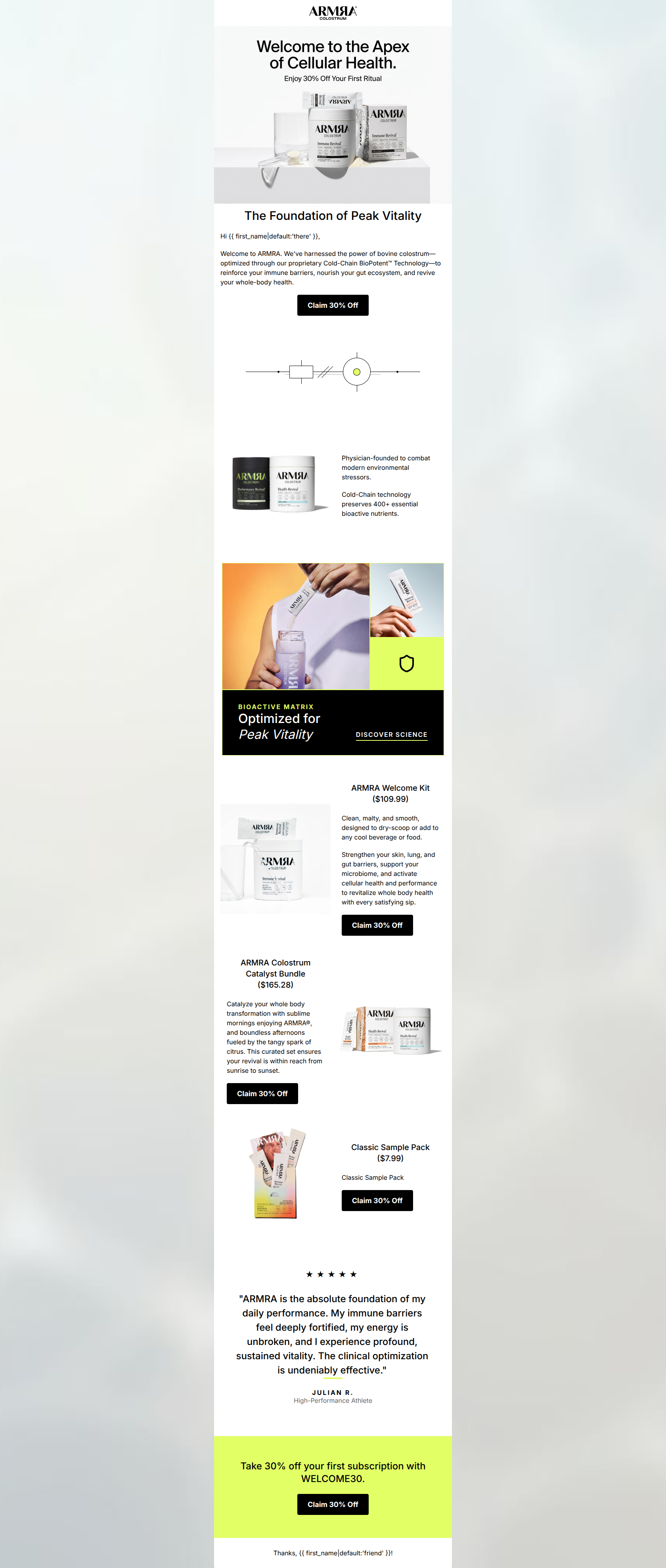 Email design: Welcome to peak vitality. Enjoy 30% off.