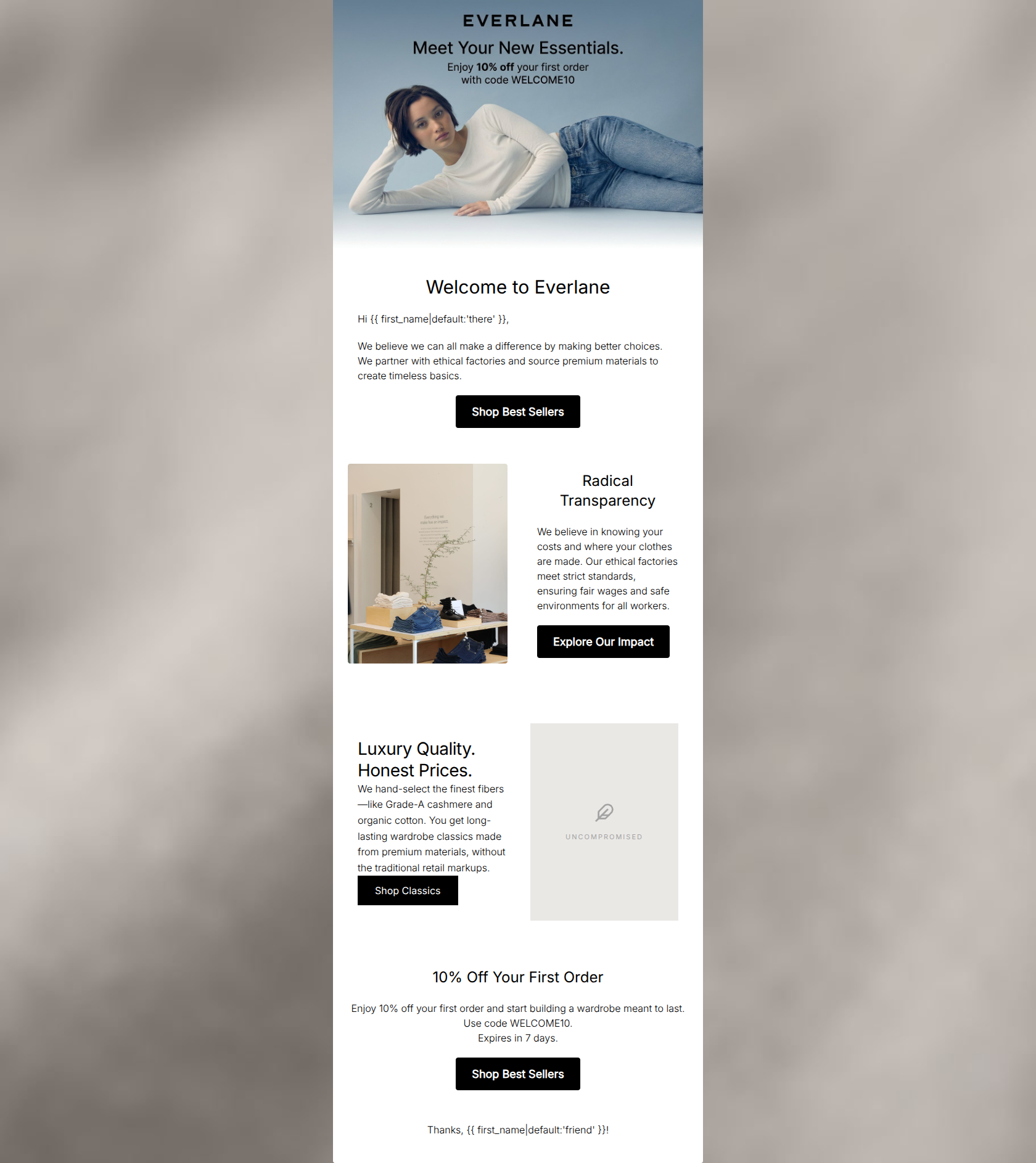 Email design: Welcome to Everlane. Enjoy 10% off inside.