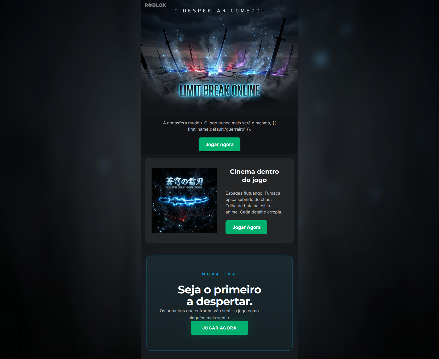 Email design: Limit Break Online: o despertar chegou