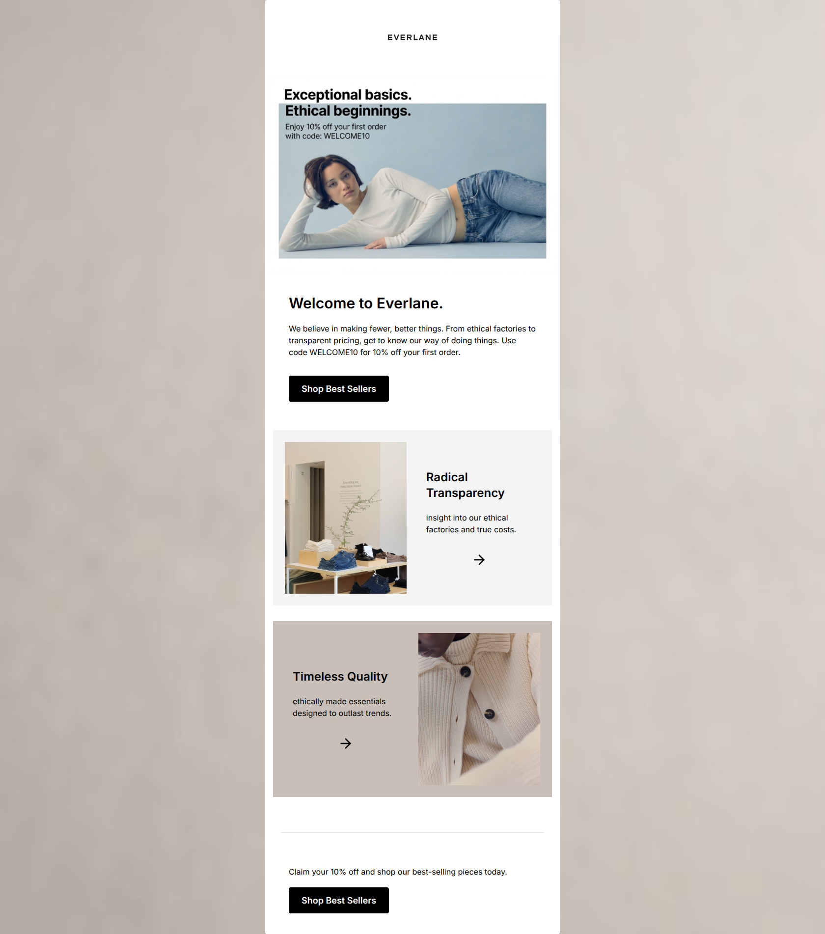 Email design: Welcome to Everlane. Enjoy 10% off.