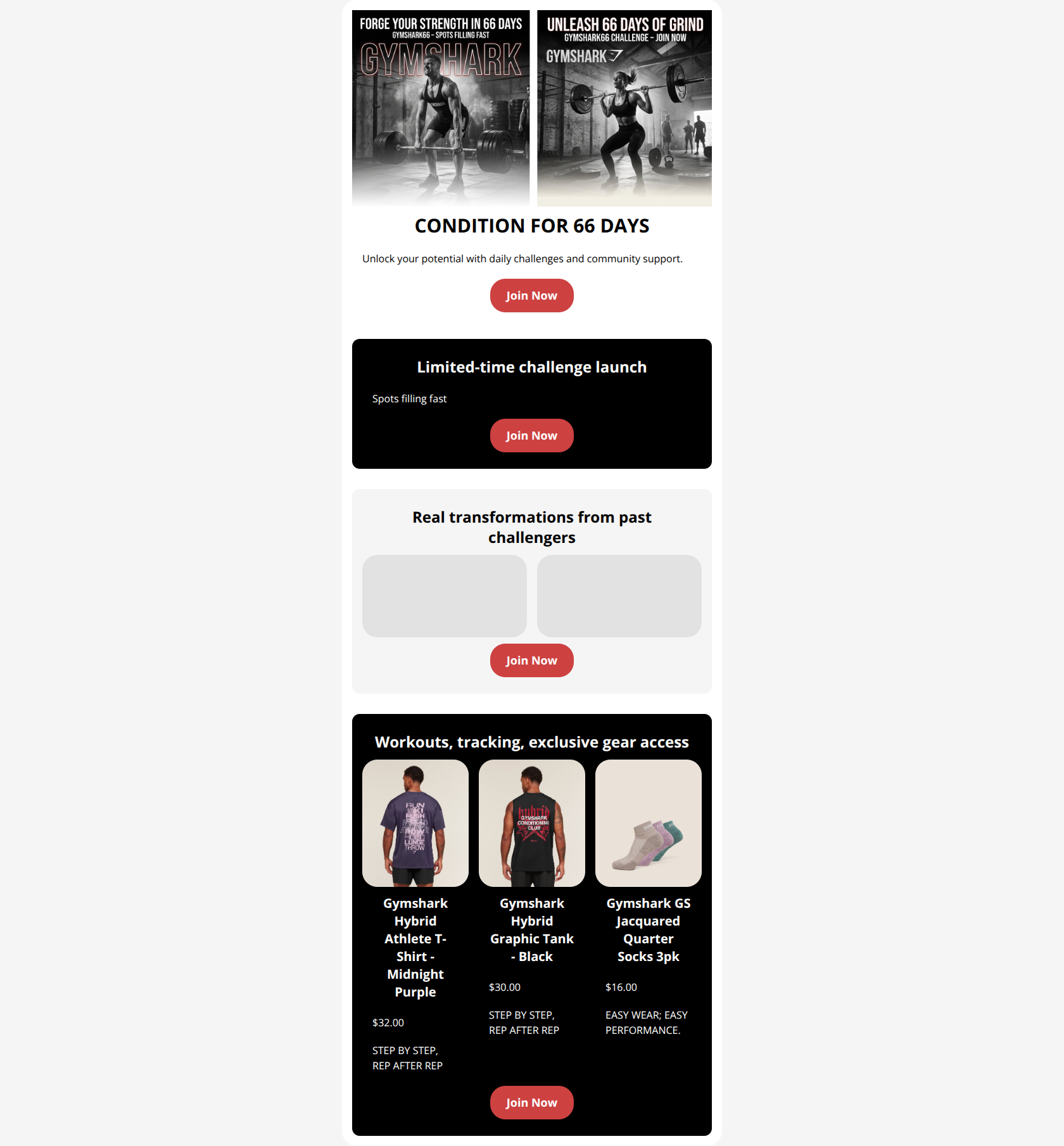 Email design: GYMSHARK66: Change Your Life