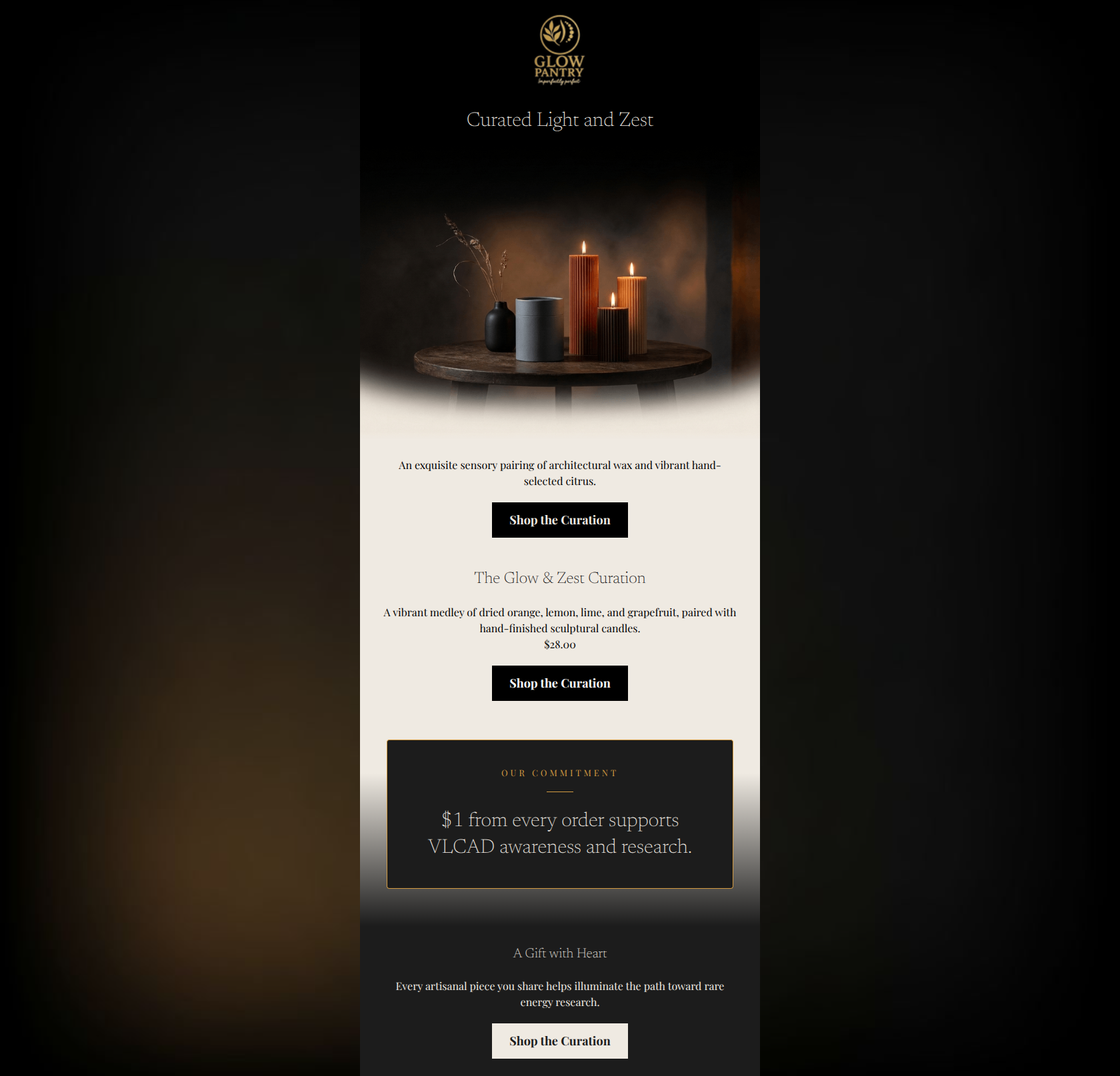 Ribbed pillar candles and dried citrus fruits arranged on wood in deep, atmospheric lighting.