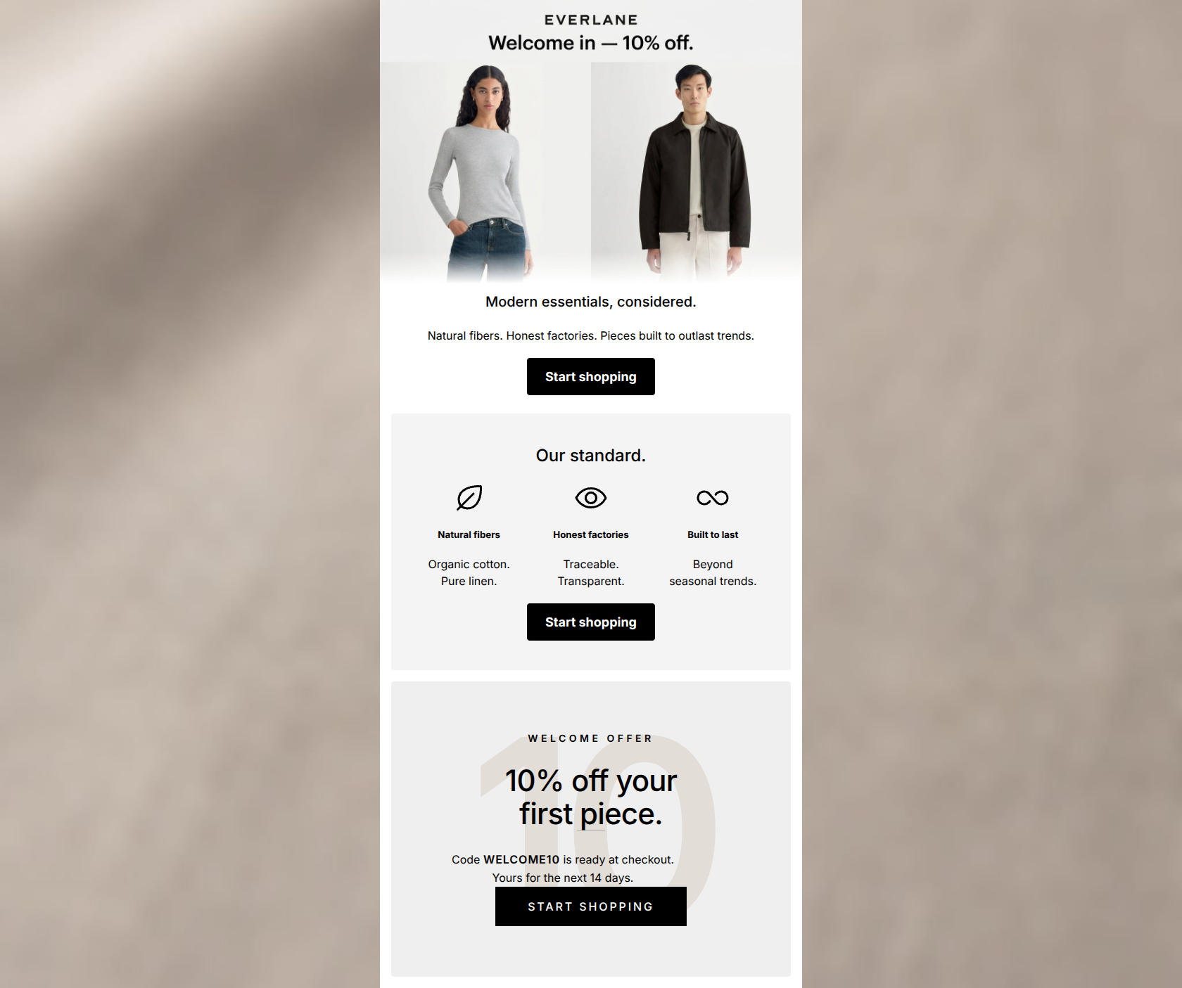Email design: Welcome to Everlane — 10% off inside