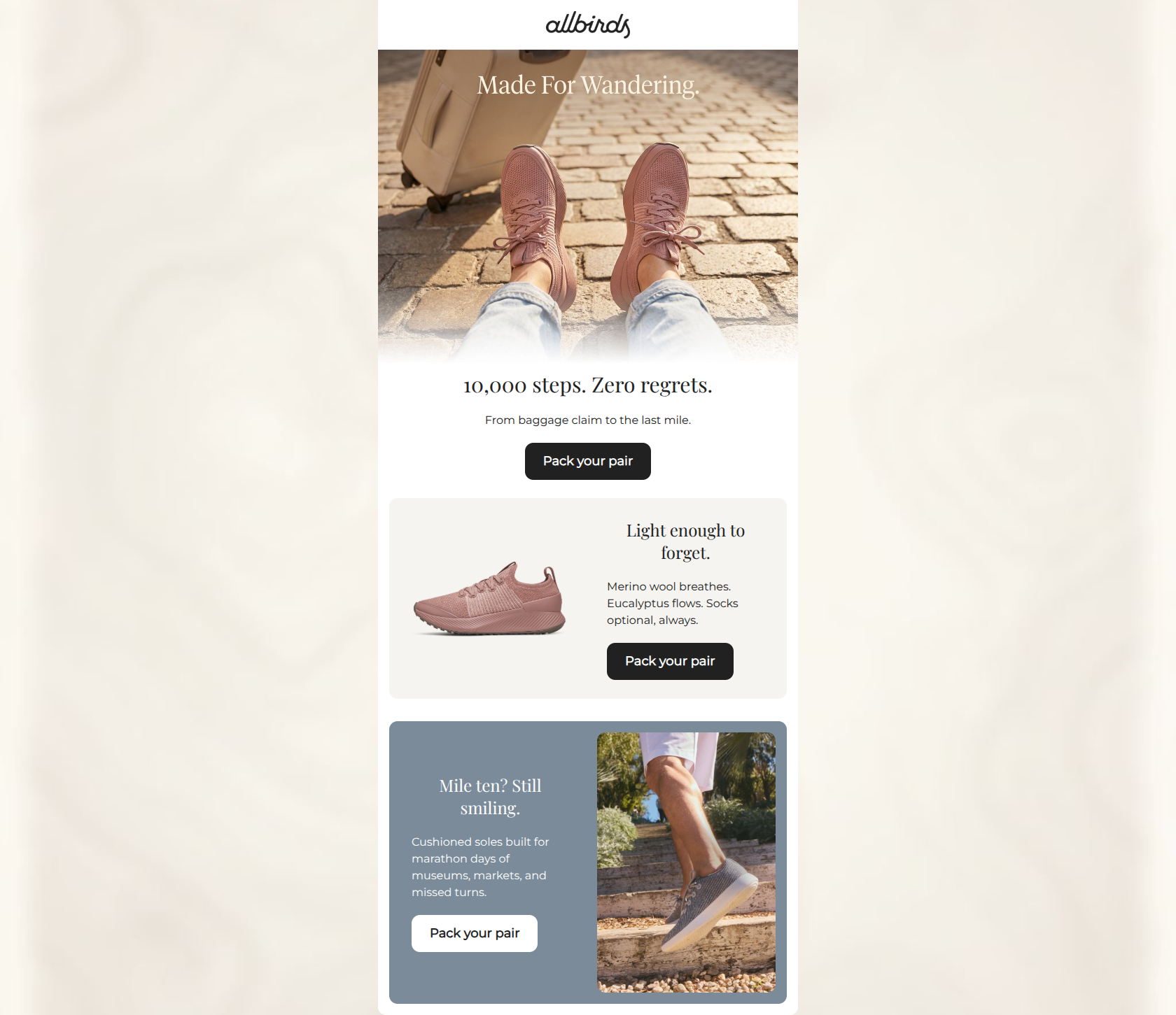 Email design: Packing for 10k steps a day?