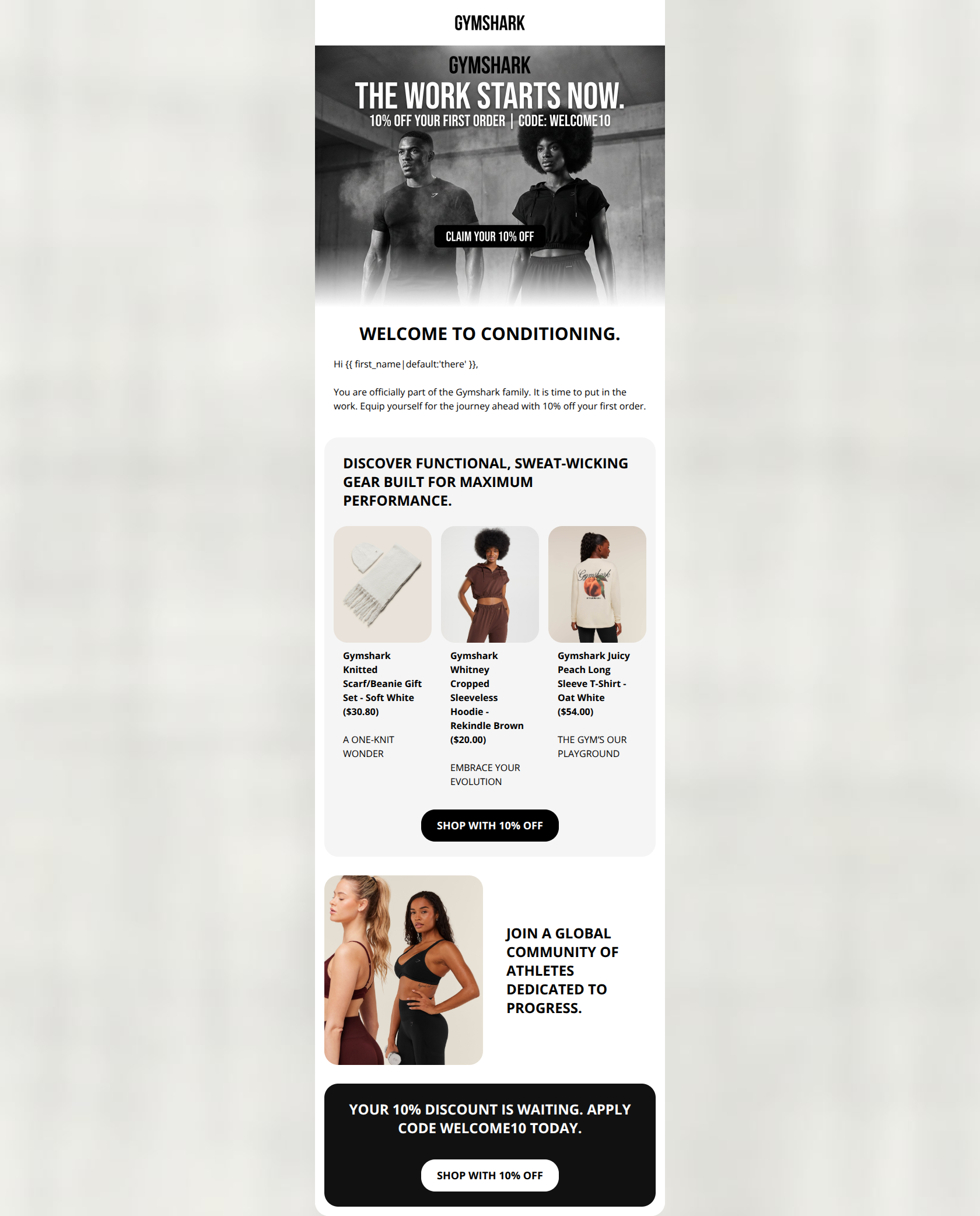 Email design: Welcome to the family. Here is 10% off.