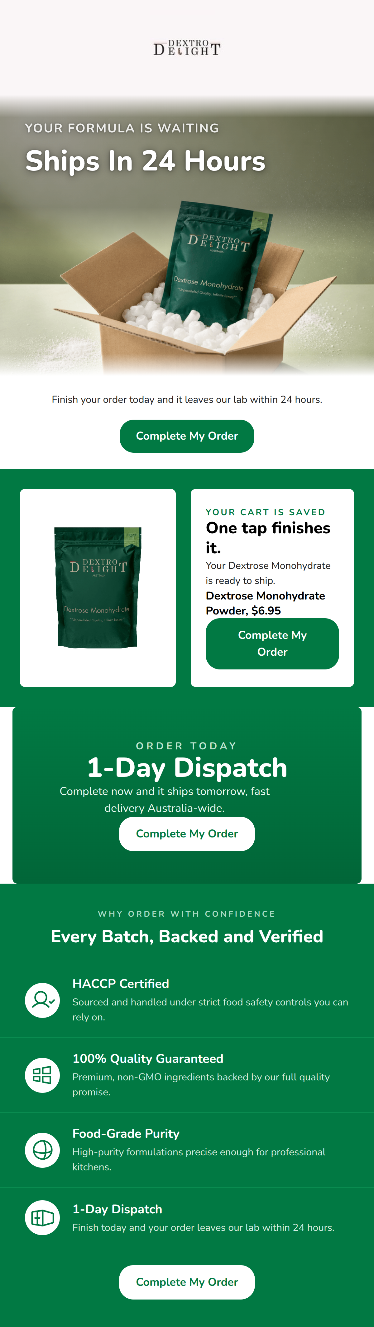 Clean layout featuring a 24-hour dispatch hero banner and a Dextrose Monohydrate product feature.