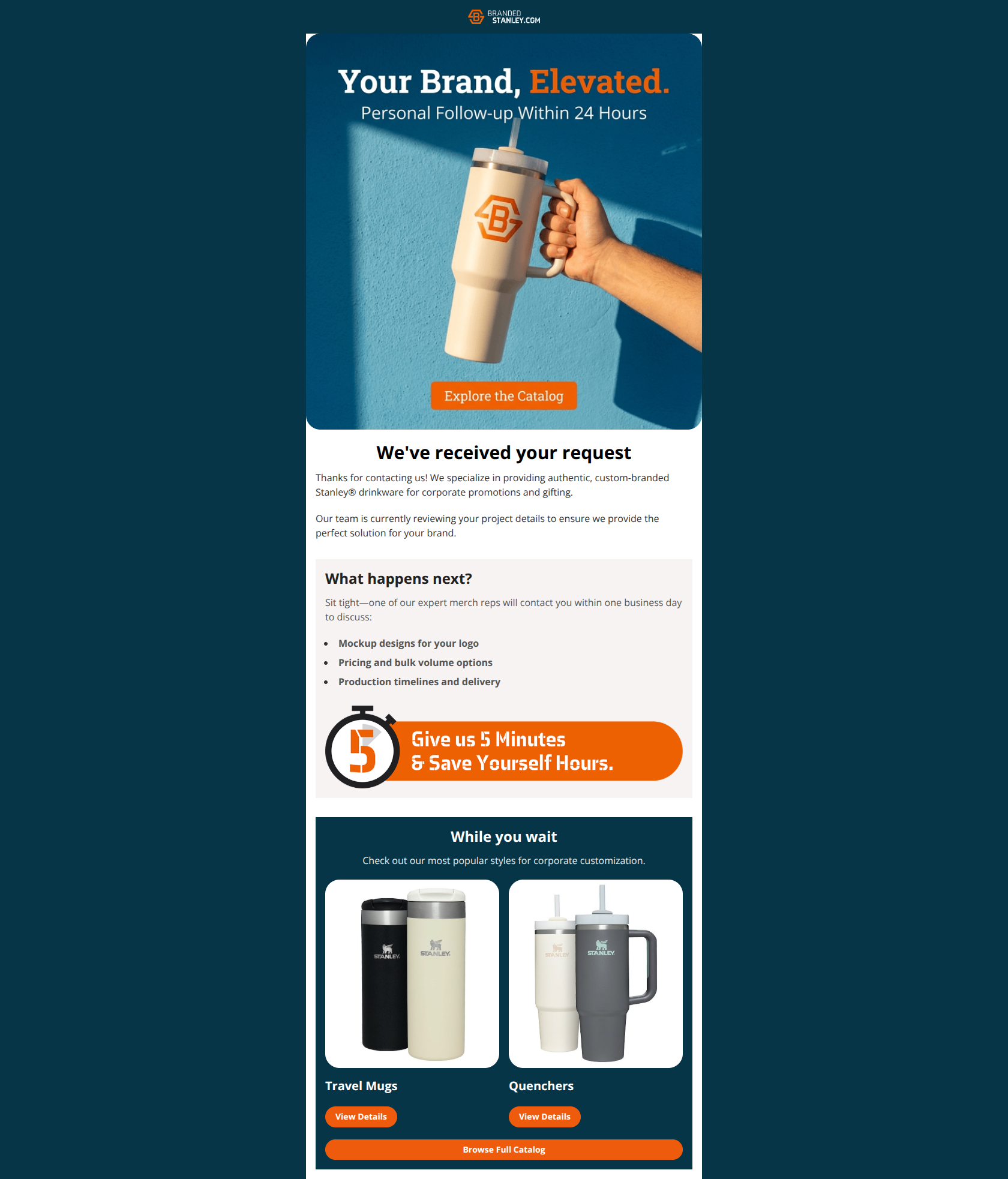 Email design: Your Custom Stanley Inquiry Received!