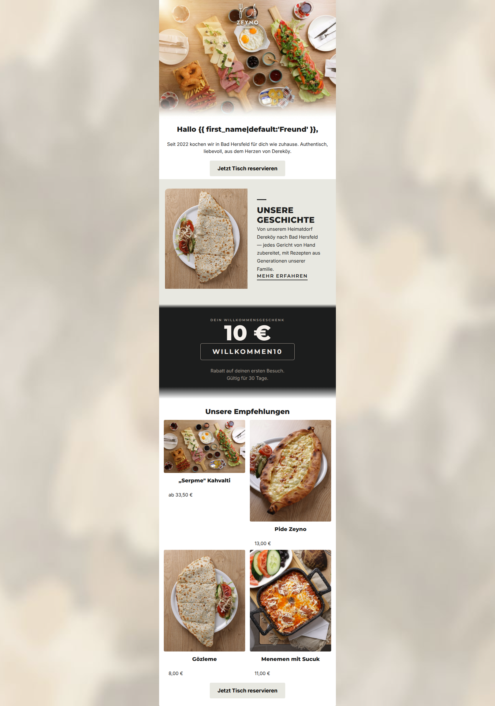 Email design: Willkommen in unserer Familie, hier 10 € für dich