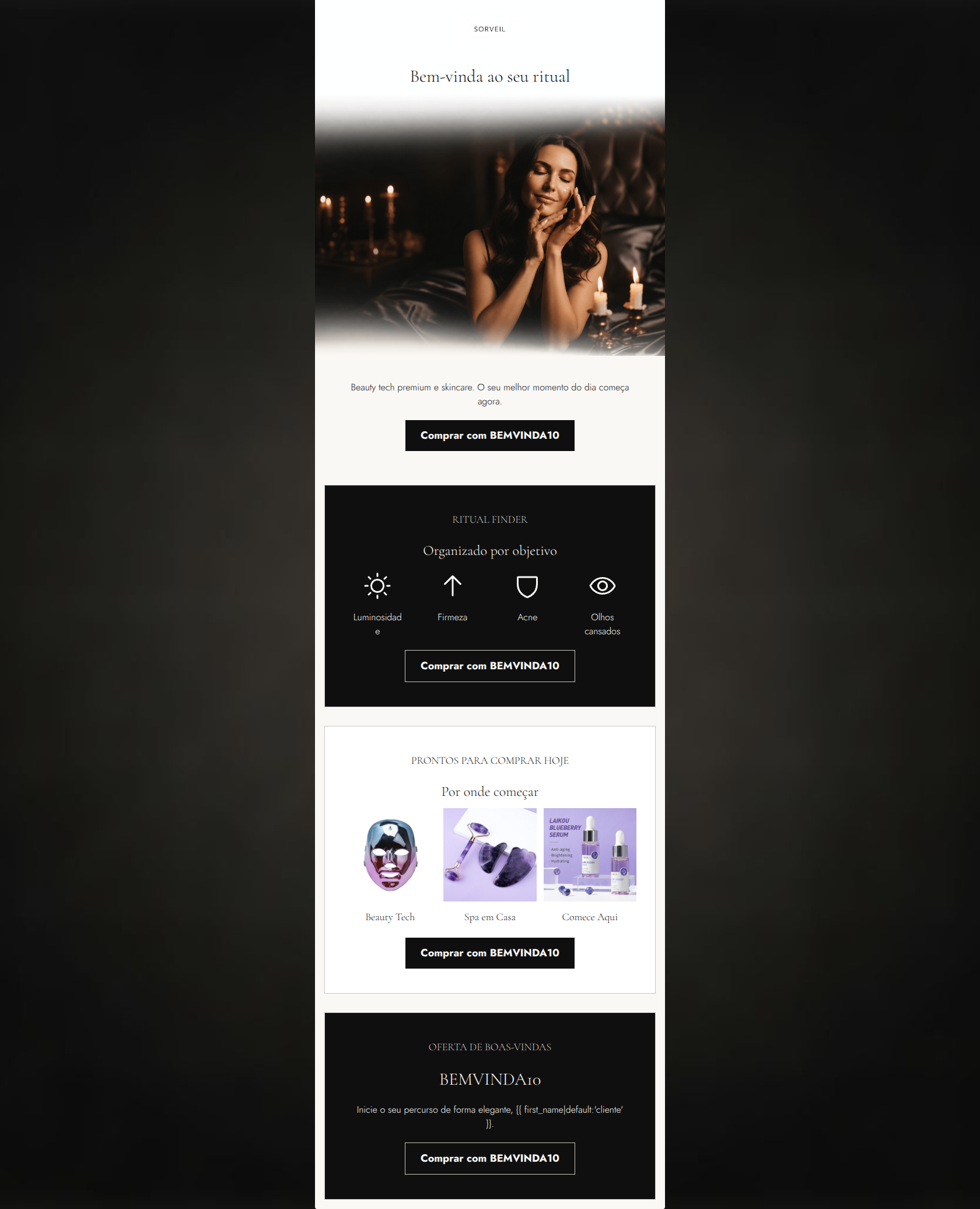 Email design: Bem-vinda à SORVEIL — comece com BEMVINDA10