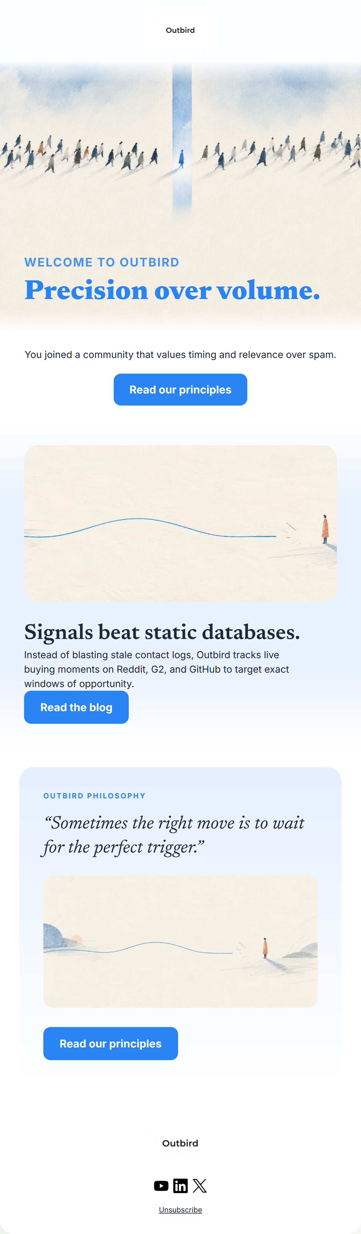 A minimalist editorial email layout featuring a blue landscape hero image and bold typography on signal-based B2B outreach.
