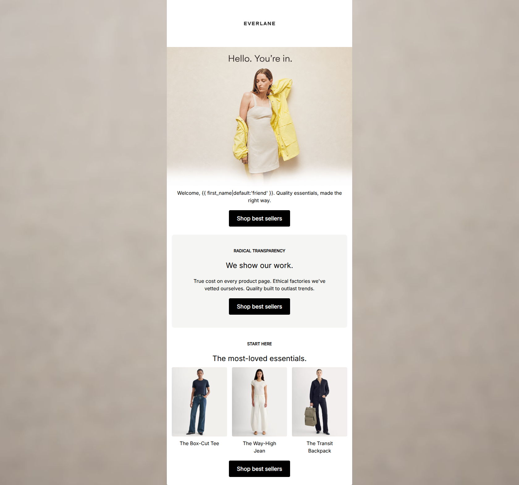 Email design: Welcome to Everlane.