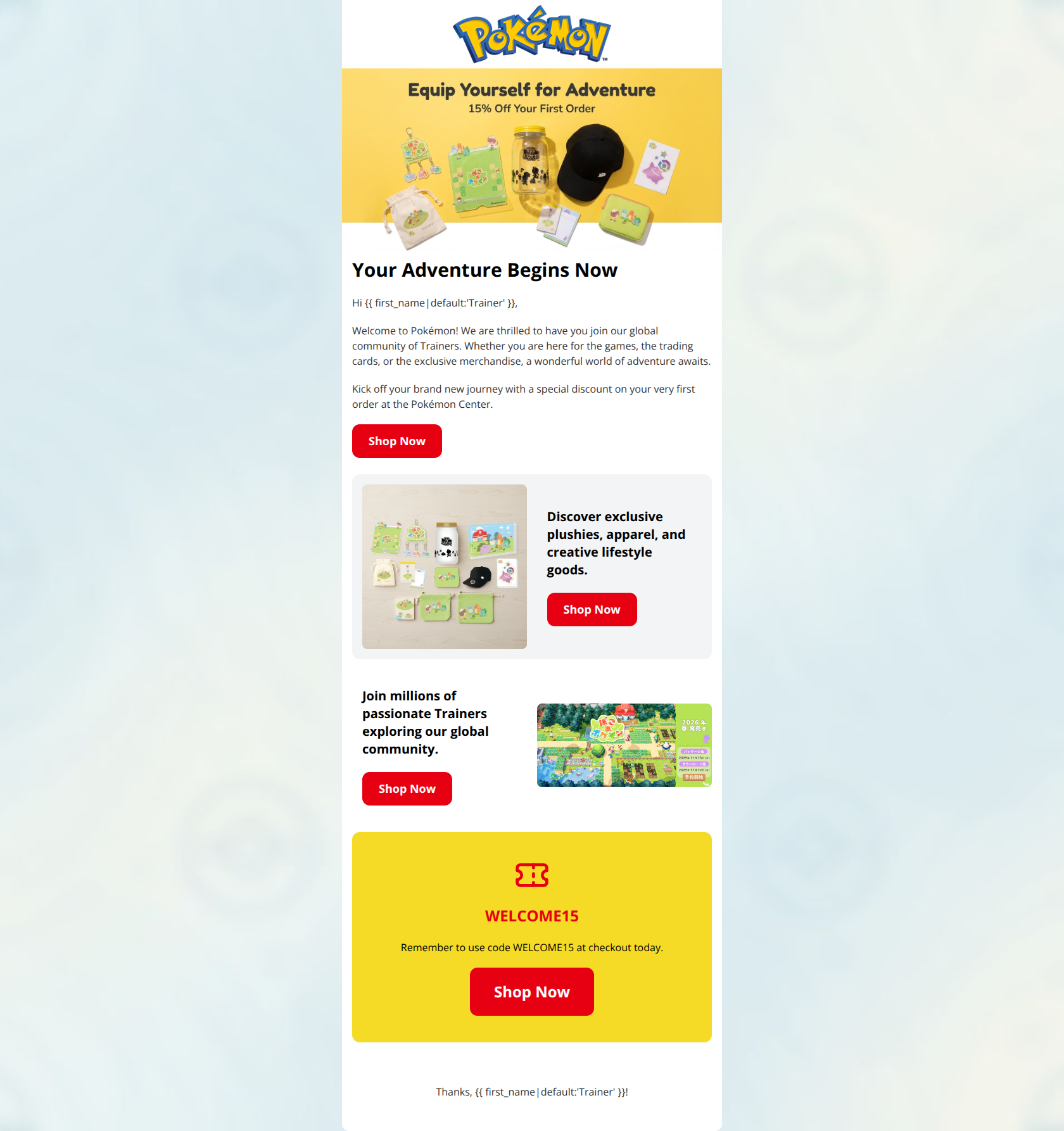 Email design: Welcome Trainer! Enjoy 15% off your first order