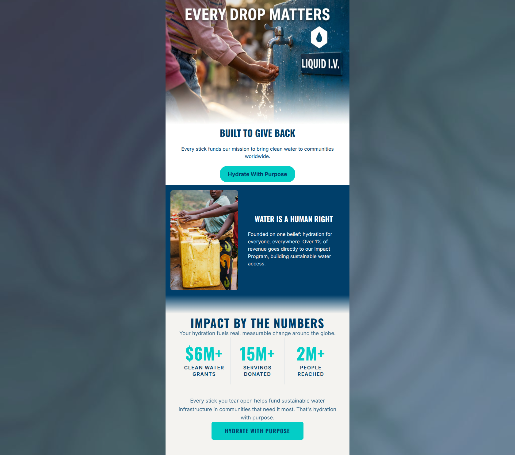 Email design: Every sip funds clean water worldwide