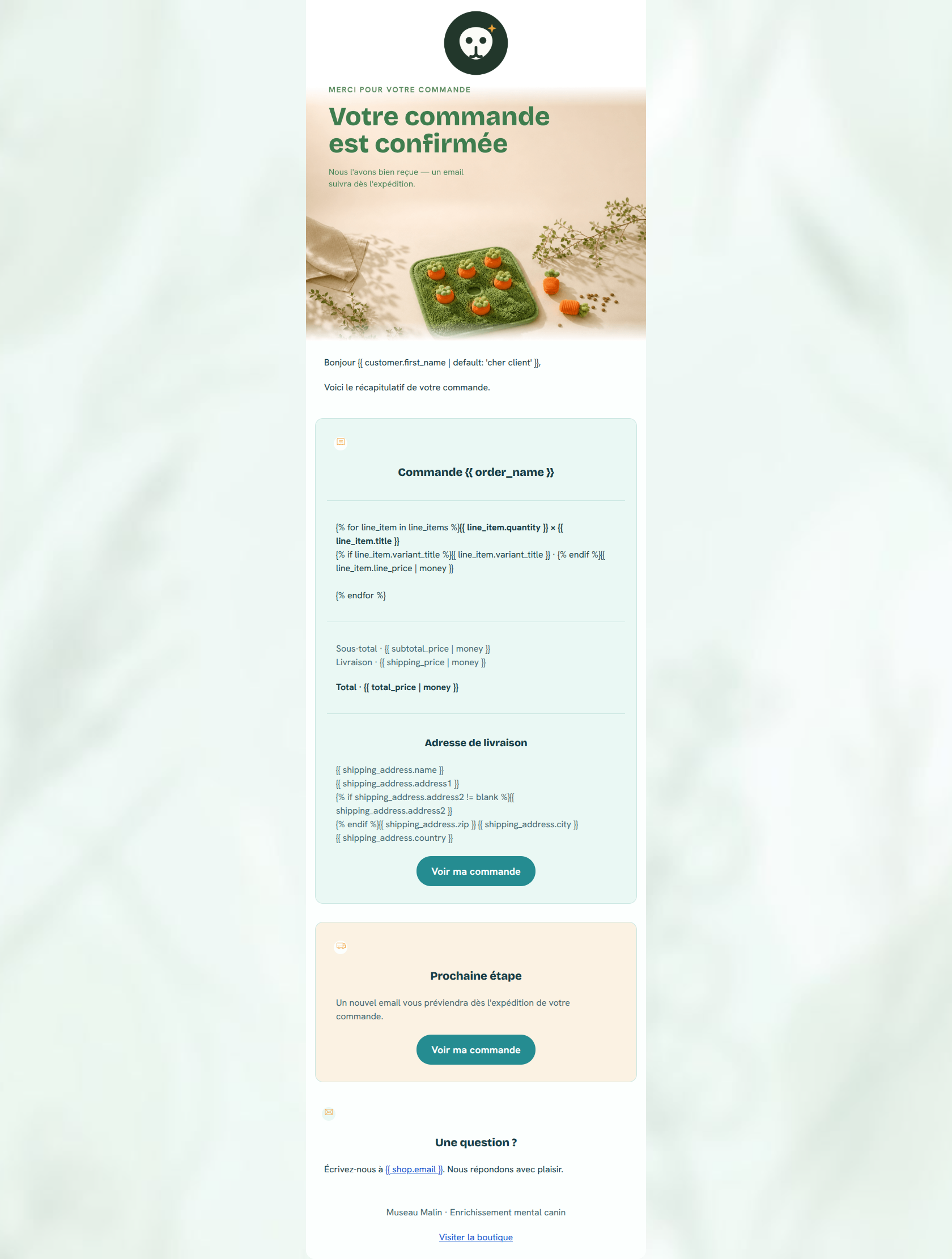 Email design: Votre commande Museau Malin est confirmée