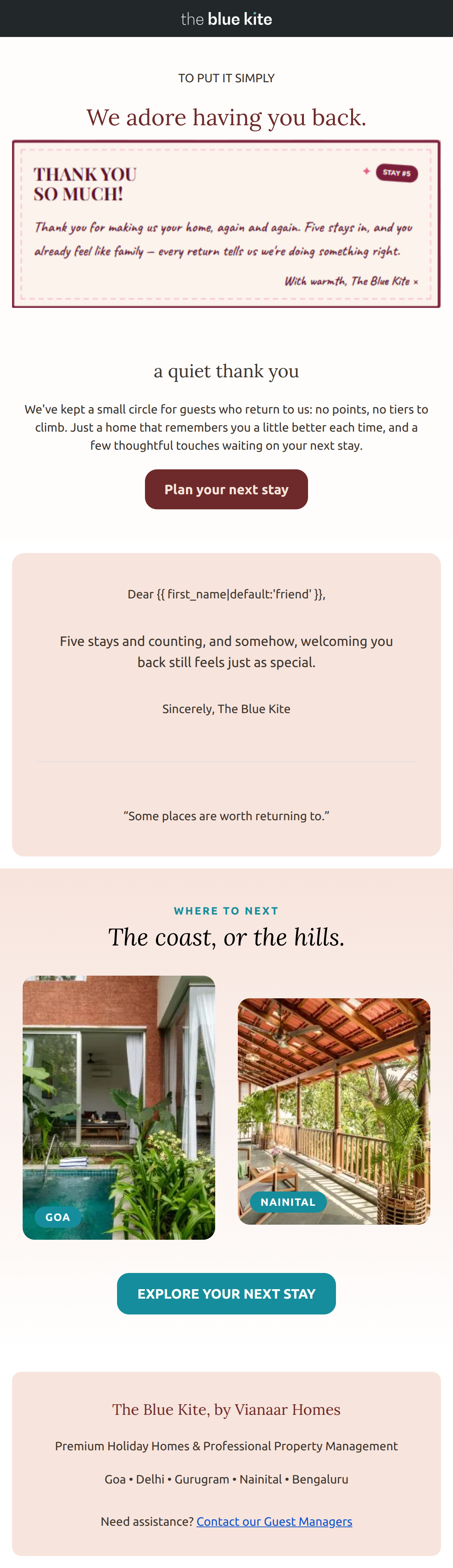 Minimalist email featuring a personalized thank you note and scenic photos of Goa and Nainital.