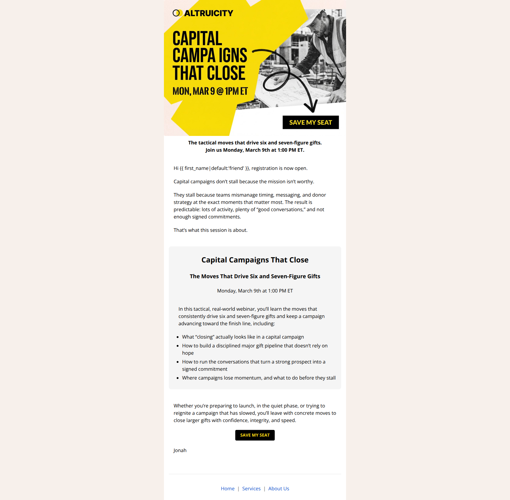 Email design: Registration Open: Capital Campaigns That Close