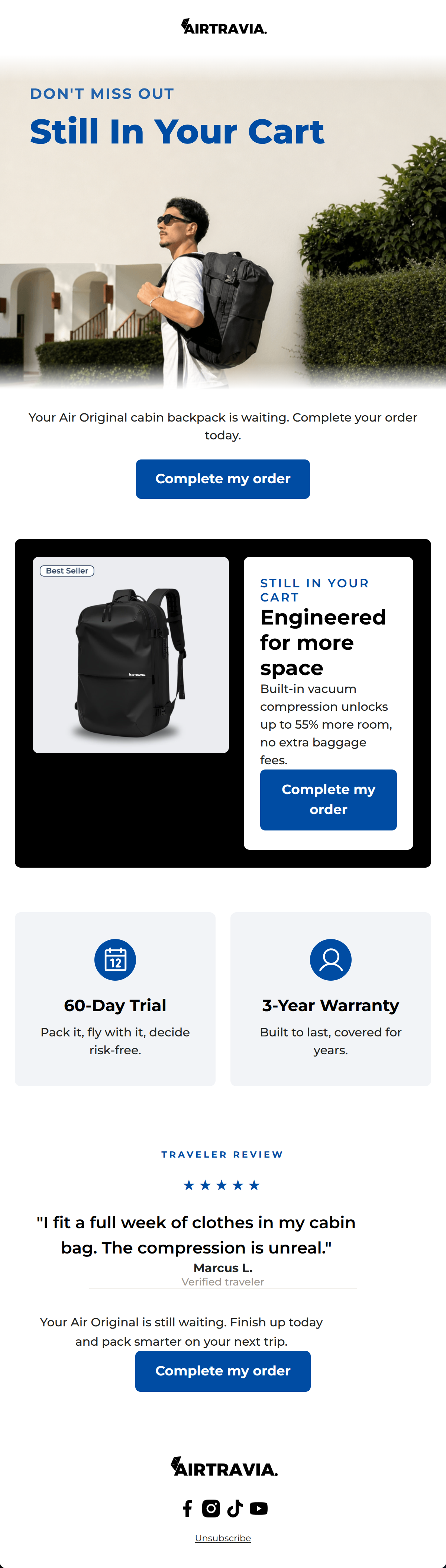 Email layout showcasing the Air Original Mat cabin backpack with a focus on vacuum compression technology.