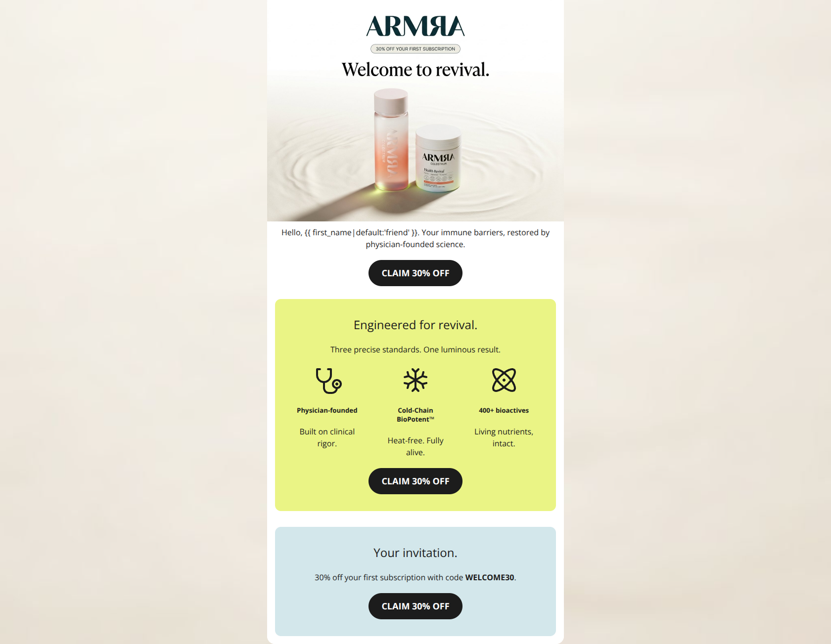 Email design: Welcome to ARMRA. Your revival begins.