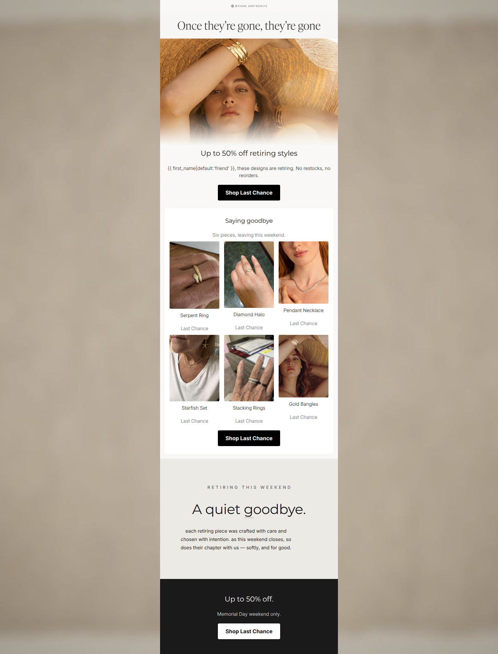 Email design: Last Chance styles are leaving soon.
