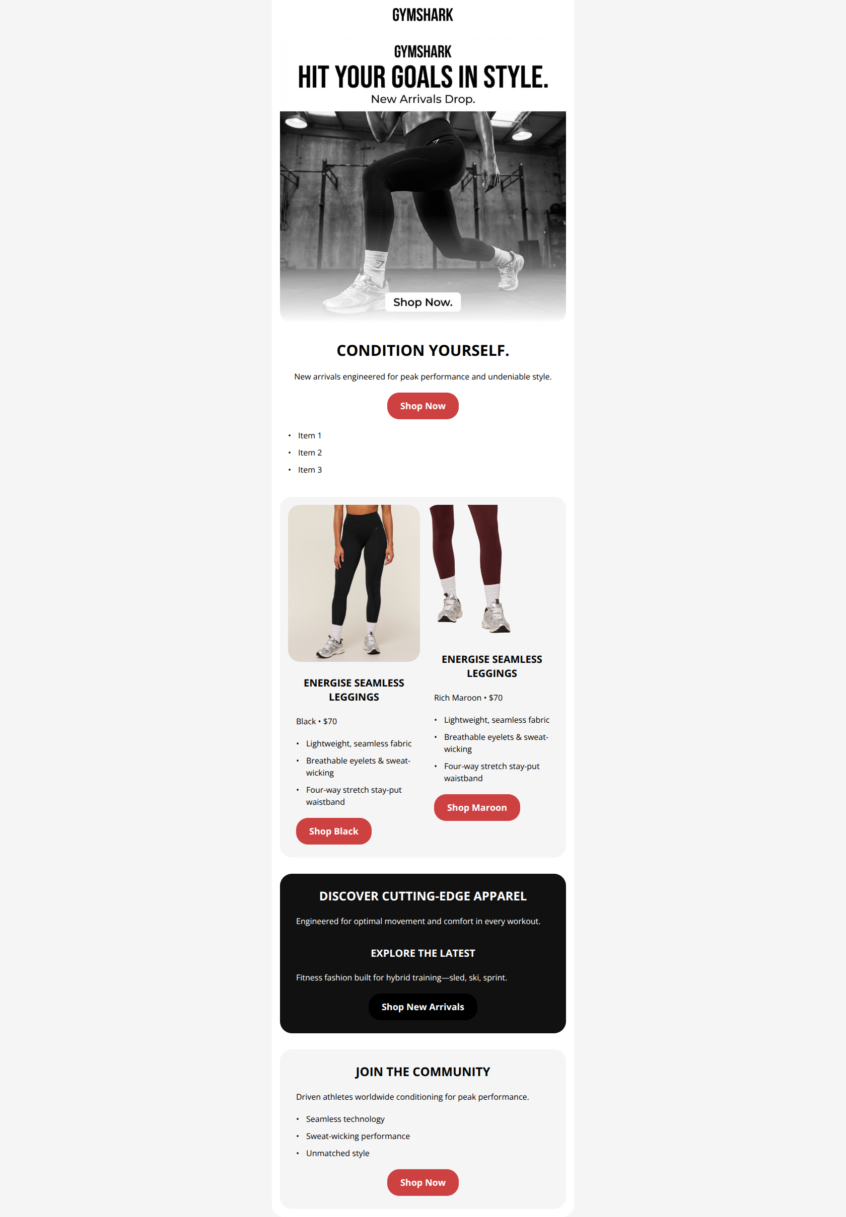 Email design: NEW ARRIVALS: CONDITION YOURSELF.