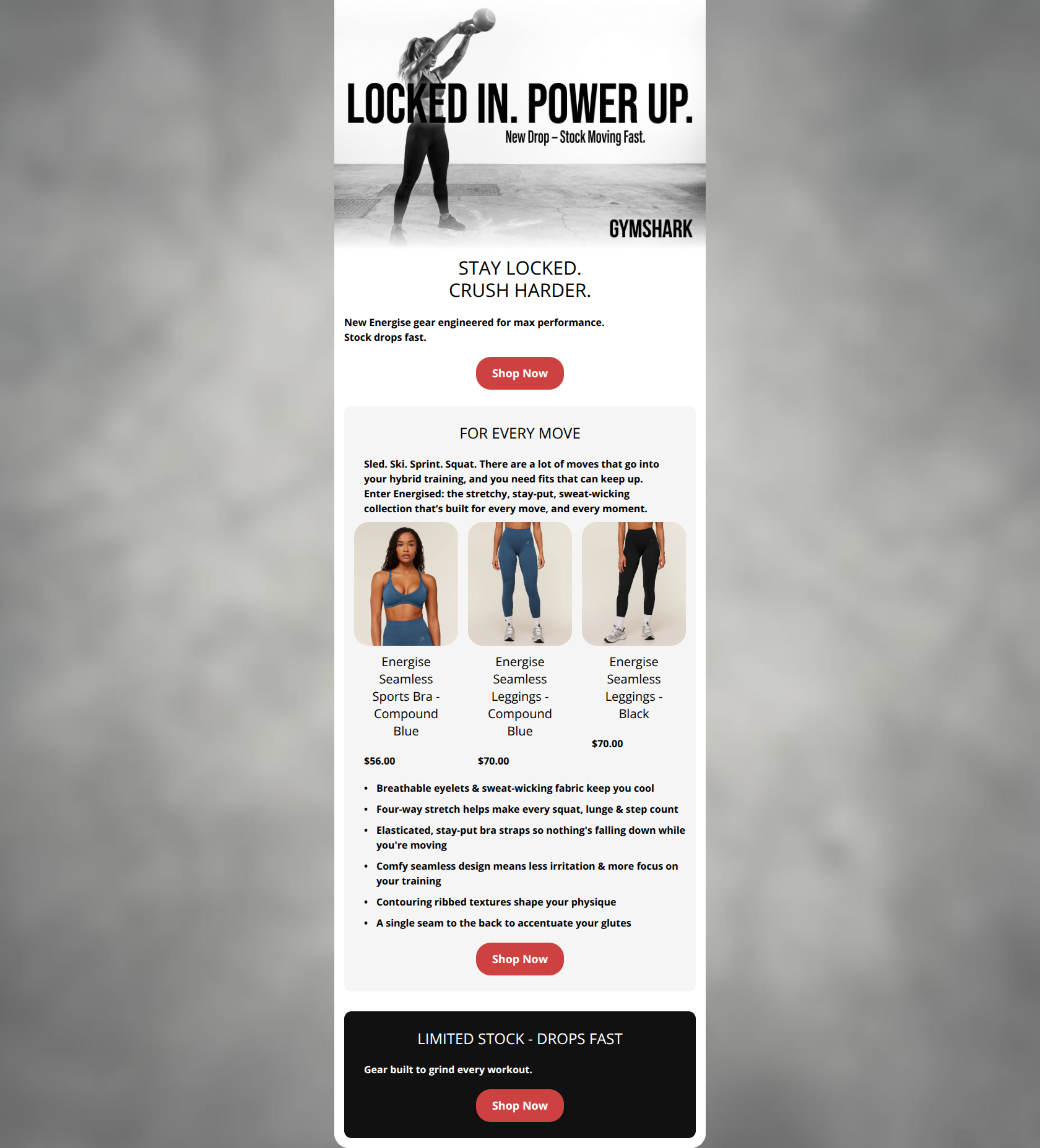 Email design: New Energise Drop Live