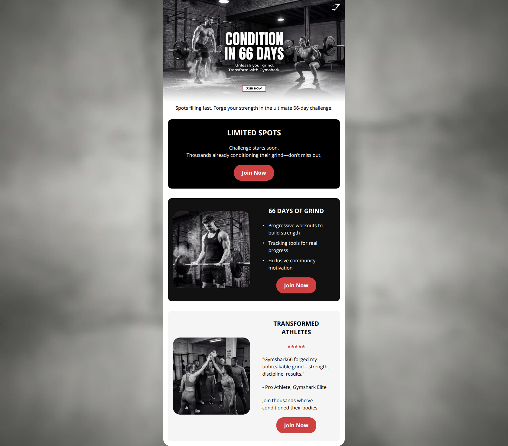 Email design: GYMSHARK66: Spots Filling Fast