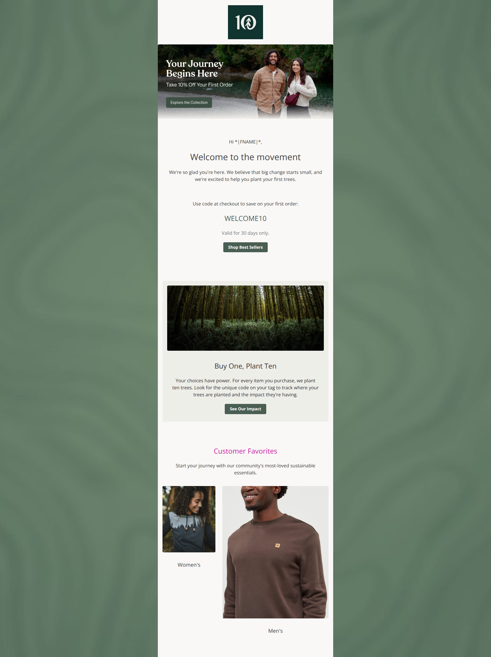 Email design: Welcome to the collective 🌲 (Includes 10% off)