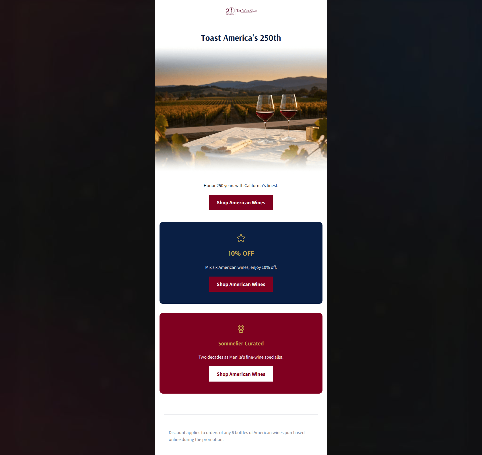 Email design: Toast America's 250th — 10% Off Six American Wines