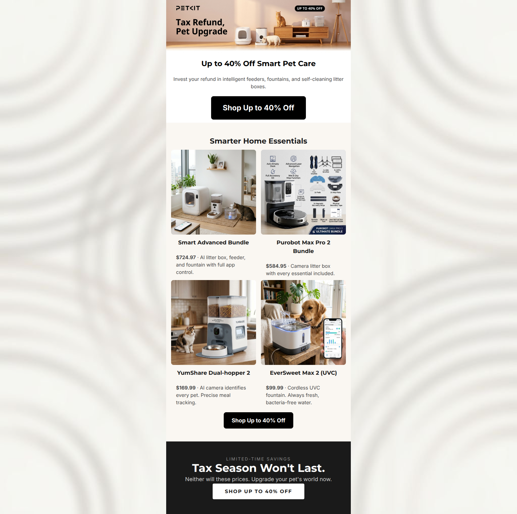 Email design: Your Tax Refund. Their Upgrade. Up to 40% Off.