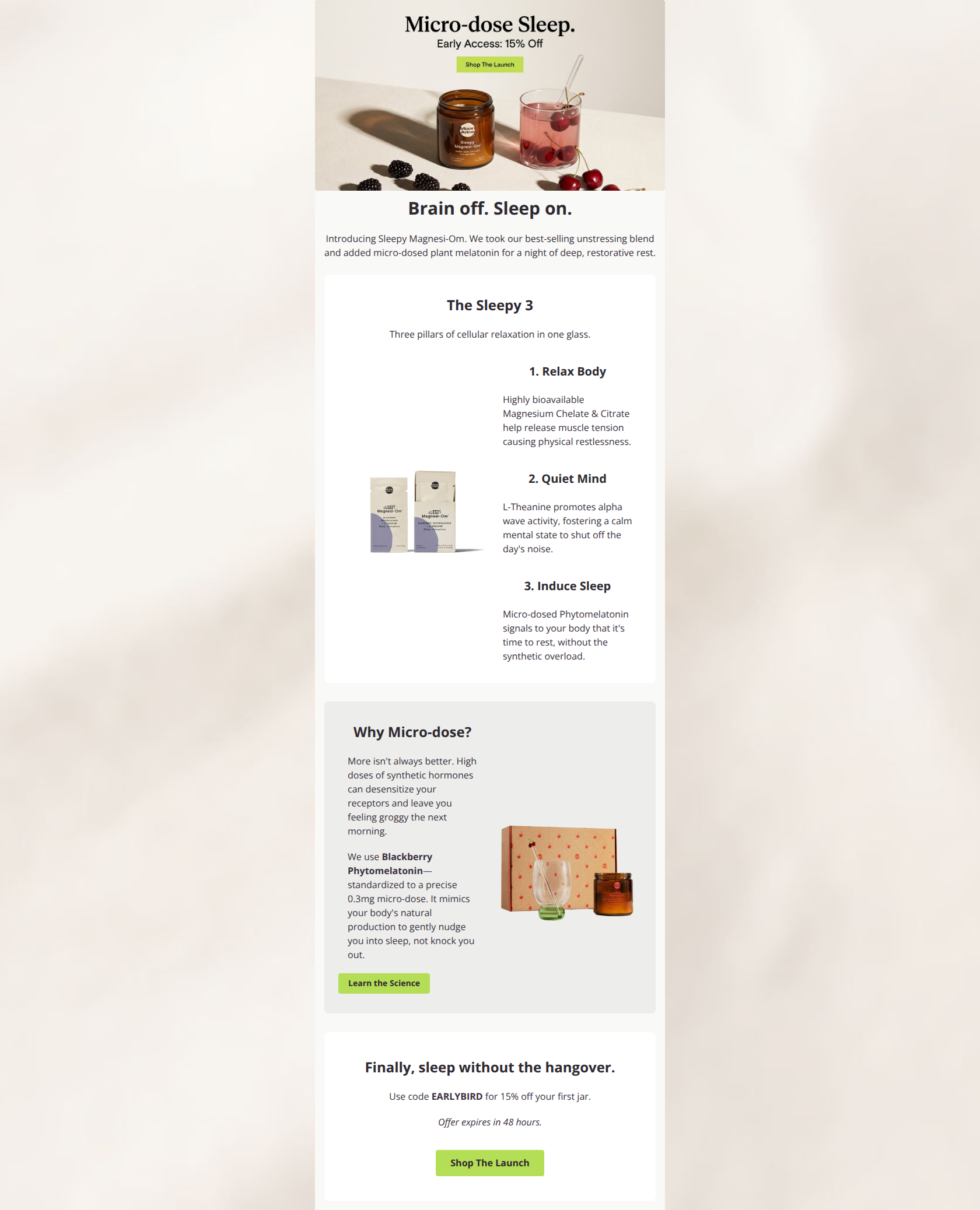Email design: Finally, sleep without the hangover.