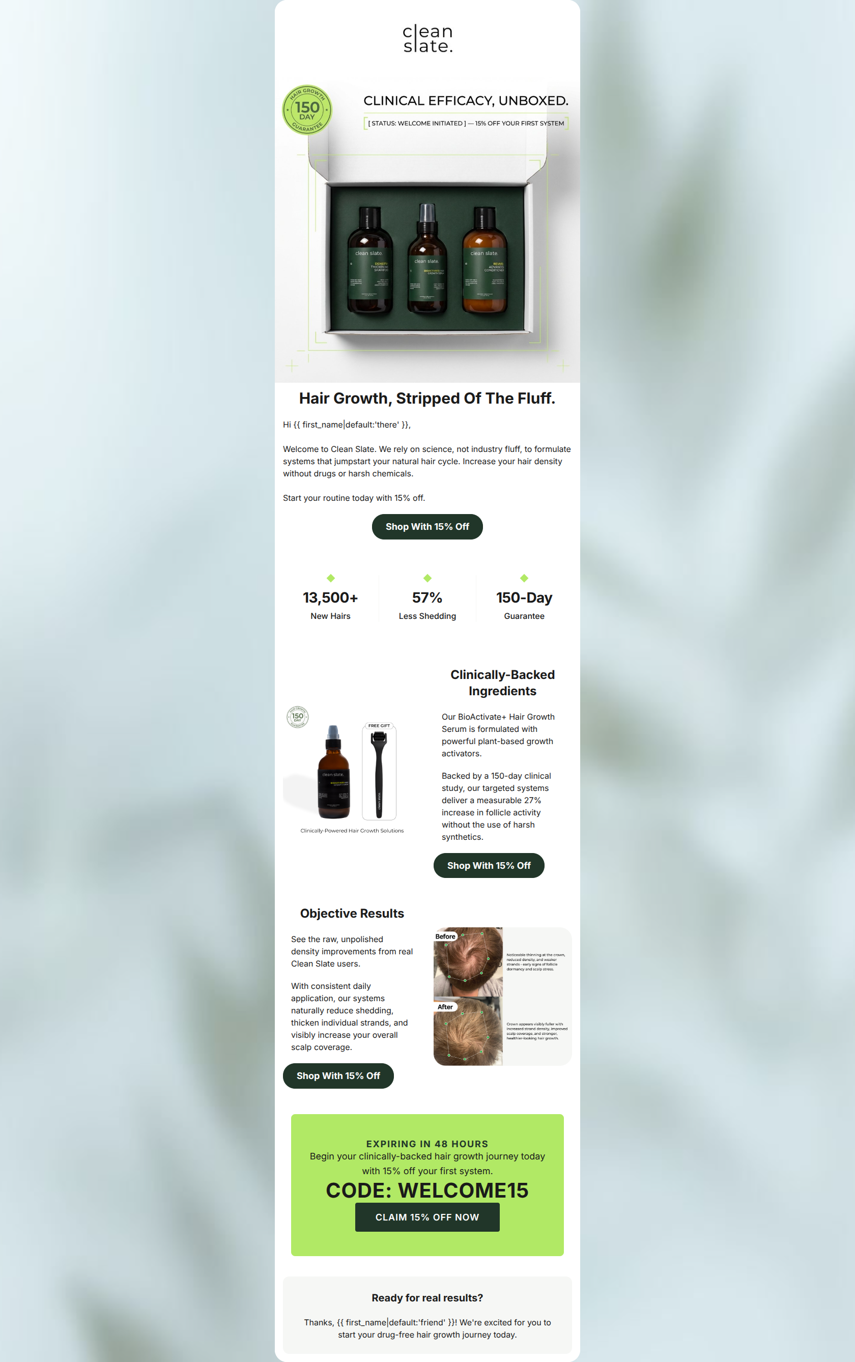 Email design: Welcome to Clean Slate. Your 15% off inside.