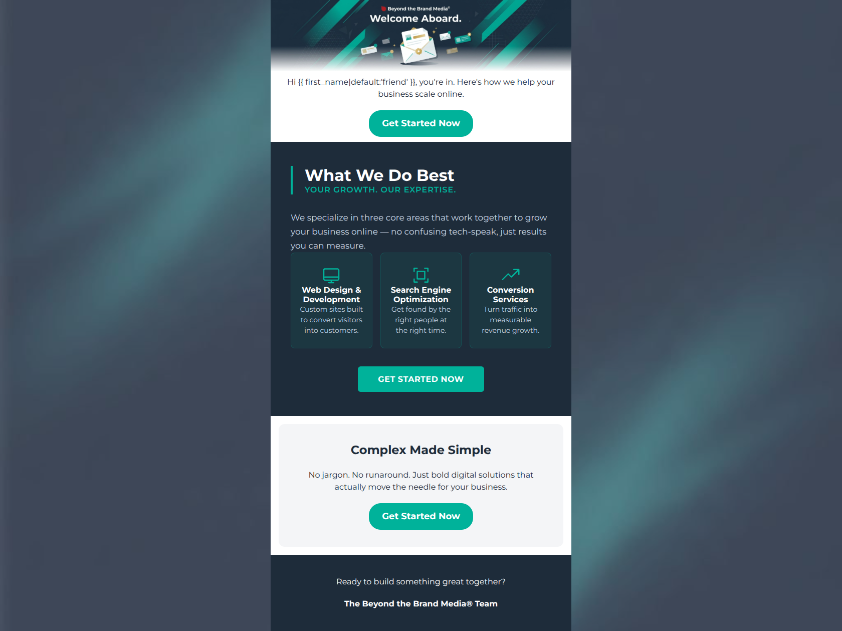 Email design: Welcome aboard — let's build something great
