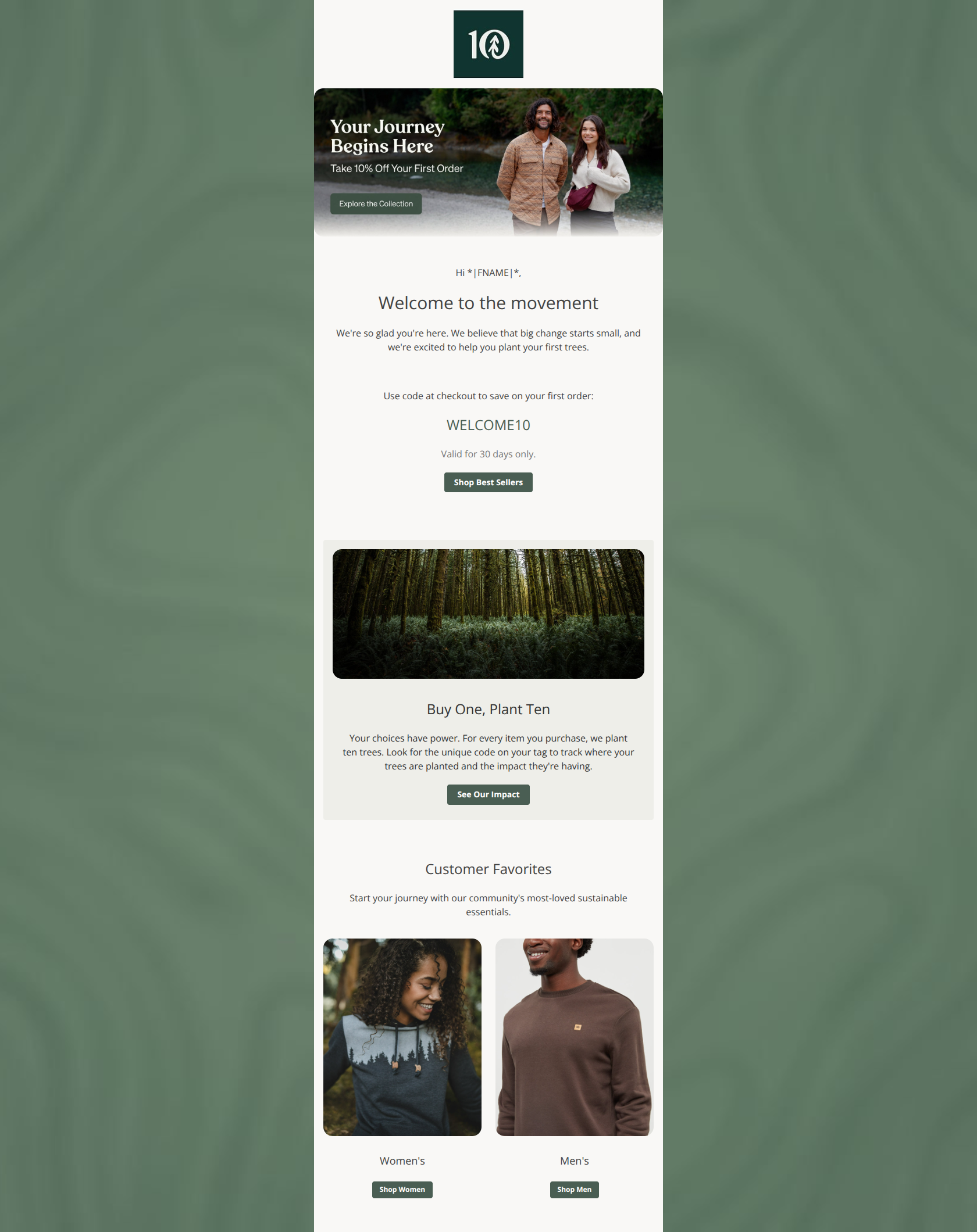 Email design: Welcome to the collective 🌲 (Includes 10% off)