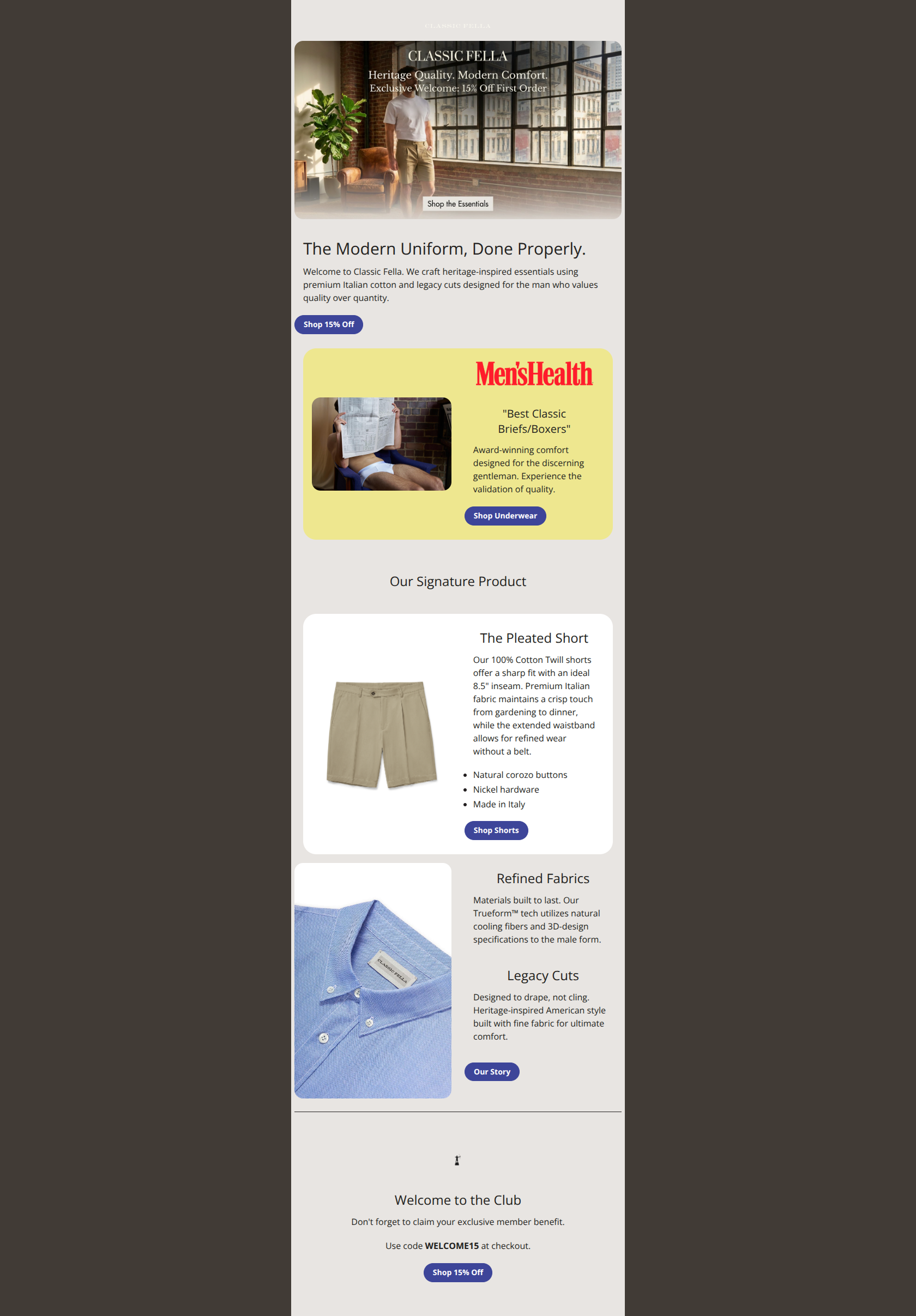 Email design: Welcome to the Club (Your 15% Off)