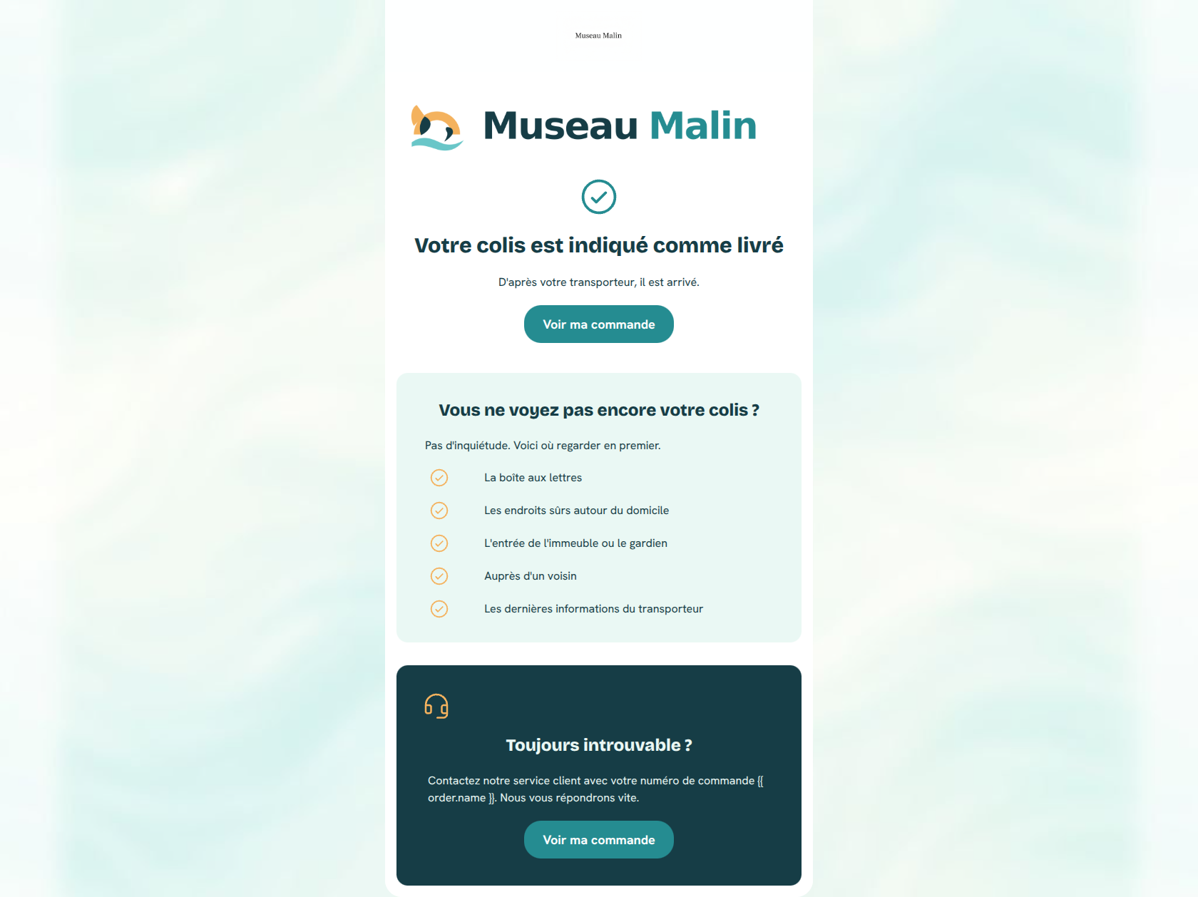 Email design: Votre commande Museau Malin est indiquée comme livrée