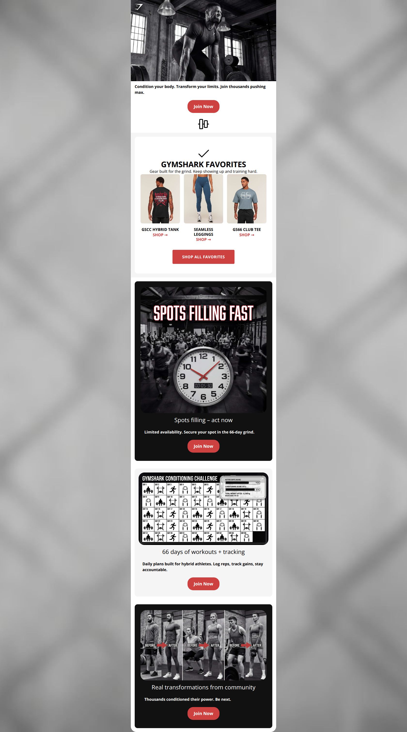 Email design: GYMSHARK66: Spots Limited