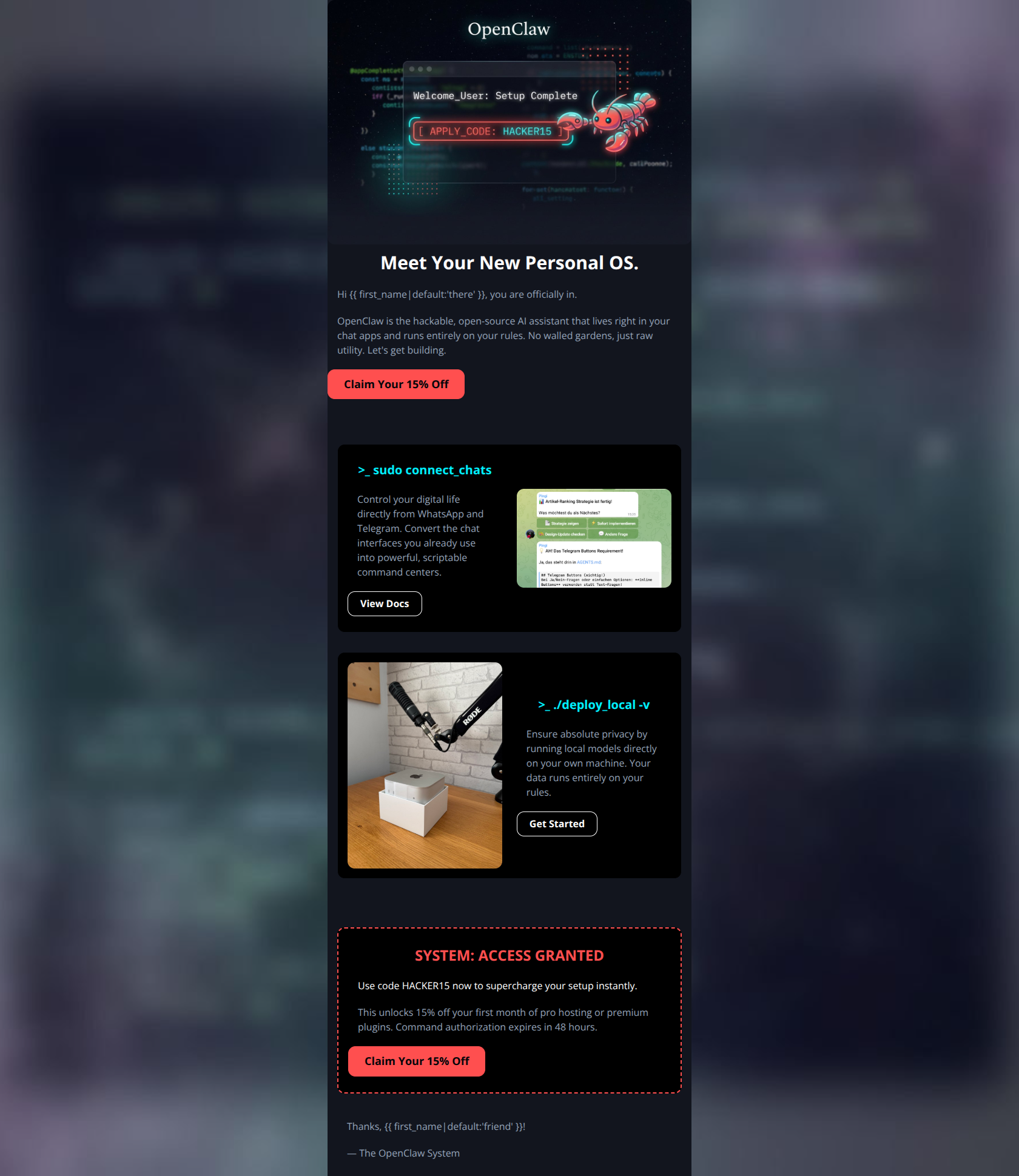 Email design: Welcome to the resistance. Here is your 15% off.